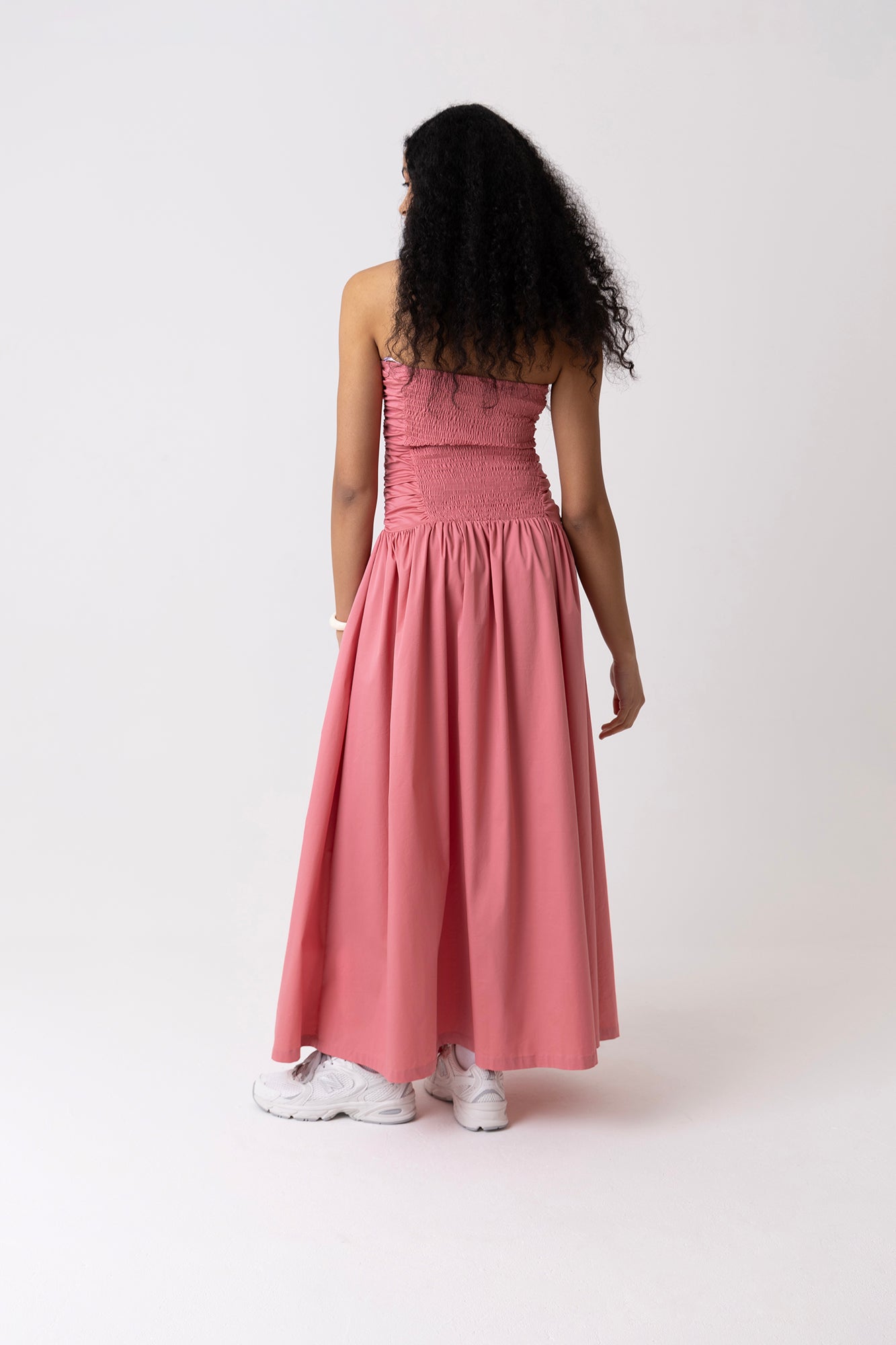 Shyla Pure Cotton Pink Ruched Column Bardot Maxi Dress