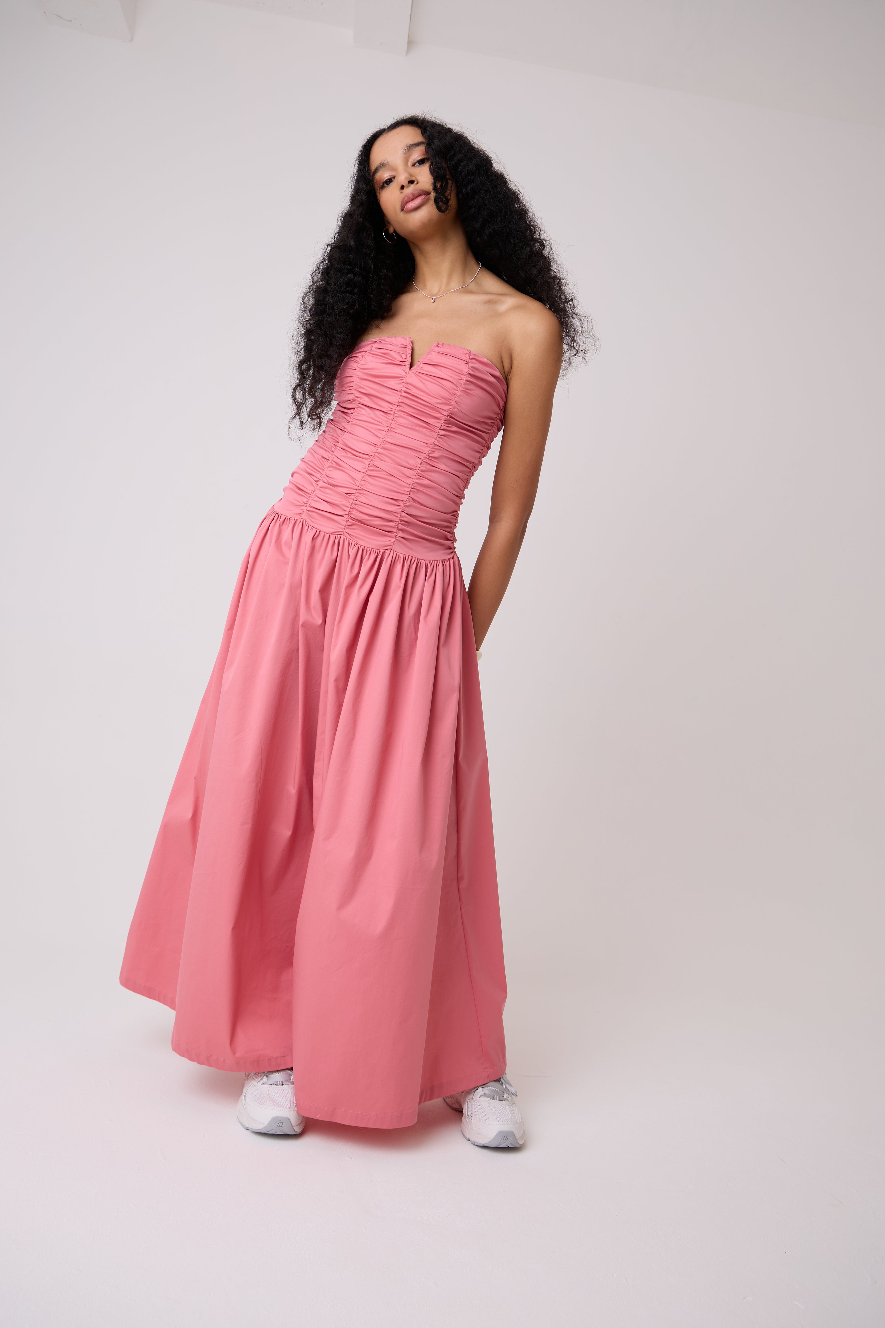 Shyla Pure Cotton Pink Ruched Column Bardot Maxi Dress