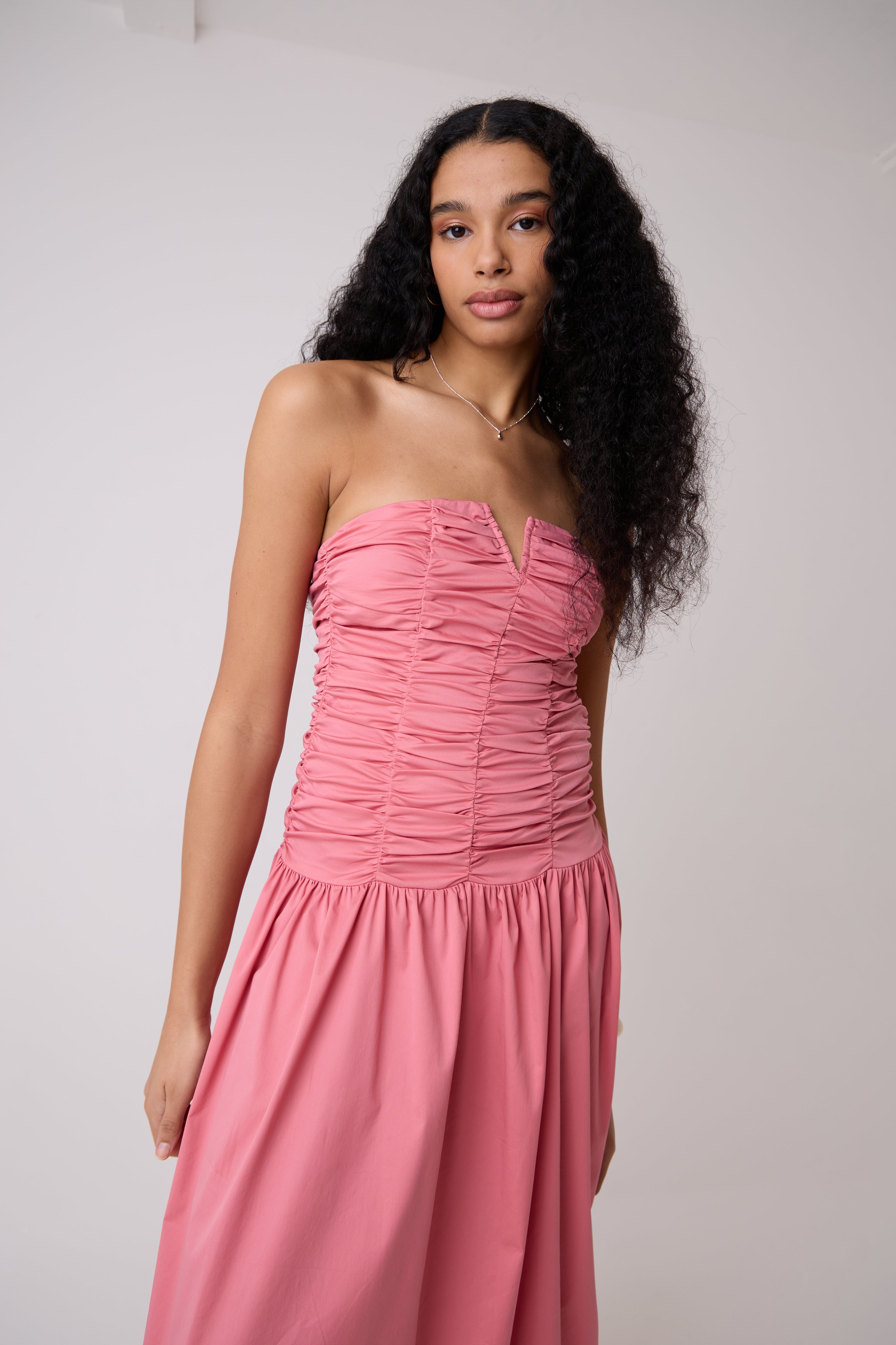 Shyla Pure Cotton Pink Ruched Column Bardot Maxi Dress