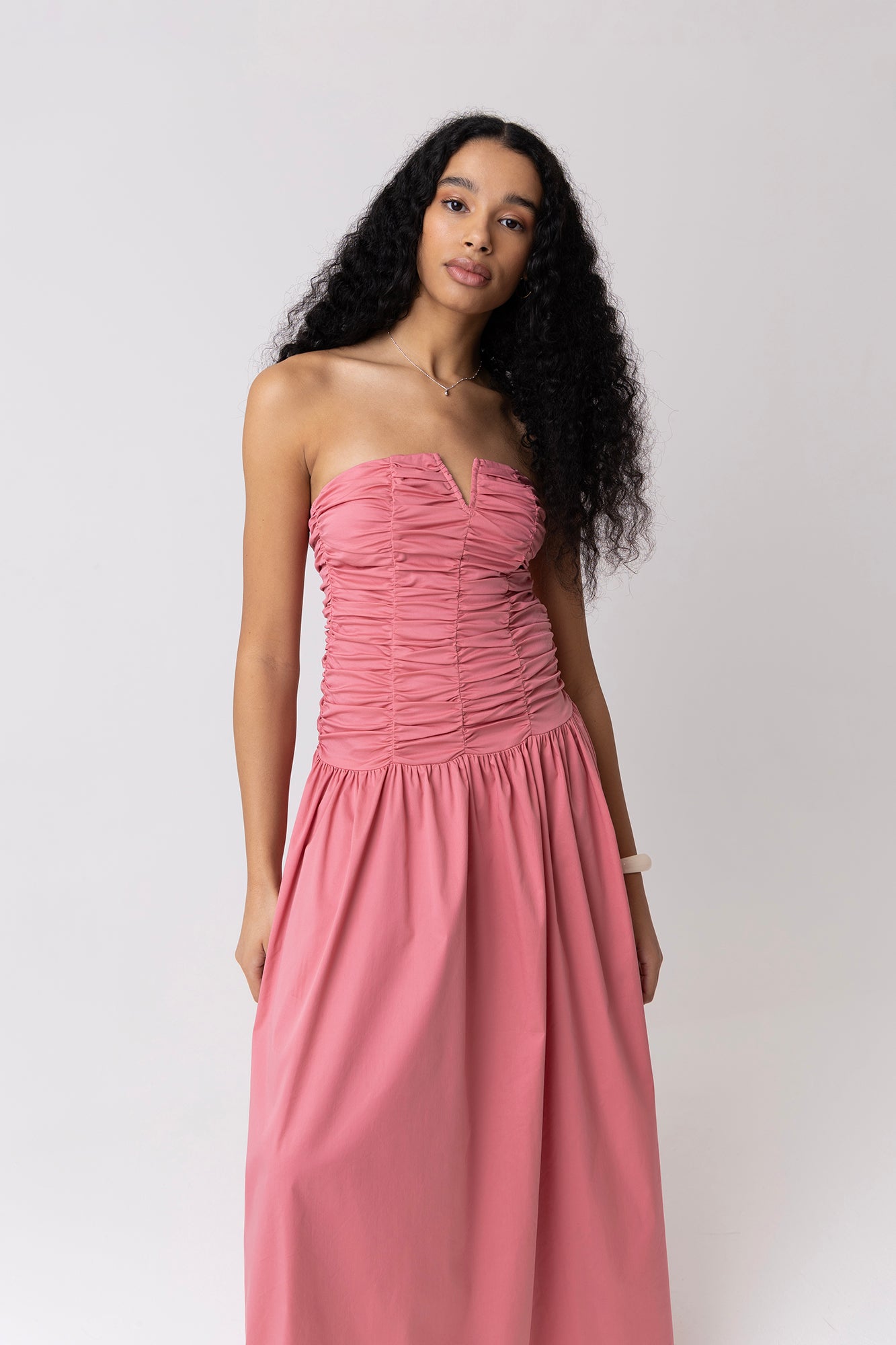 Shyla Pure Cotton Pink Ruched Column Bardot Maxi Dress