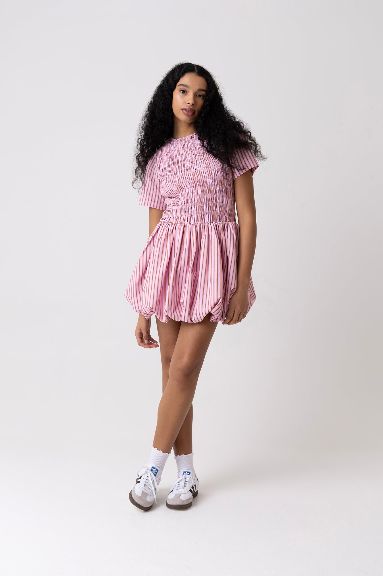 Eleanor Pure Cotton Pink Stripe Mini Puffball Dress