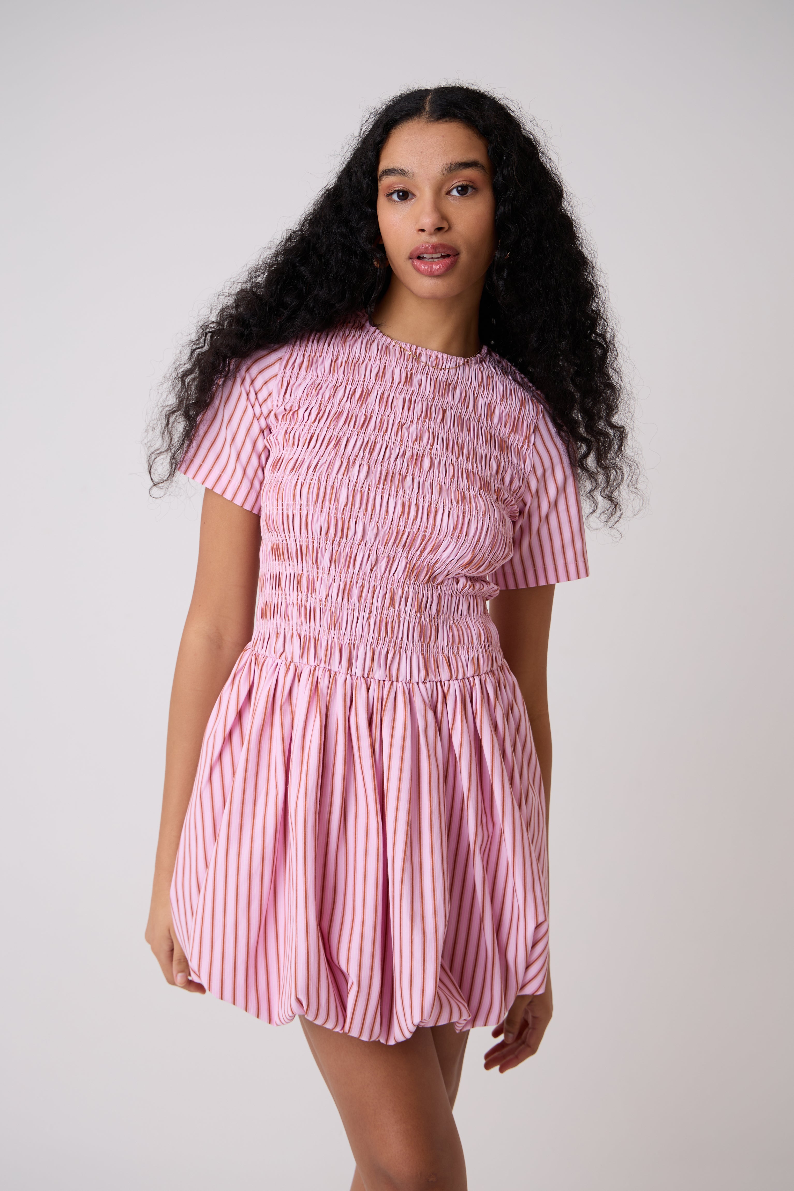 Eleanor Pure Cotton Pink Stripe Mini Puffball Dress