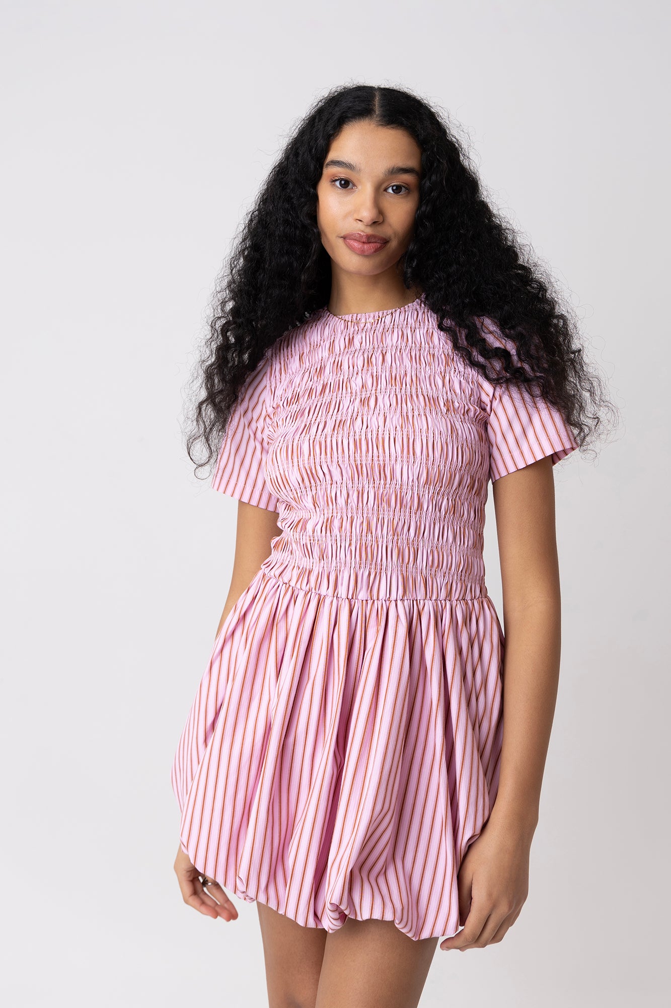 Eleanor Pure Cotton Pink Stripe Mini Puffball Dress