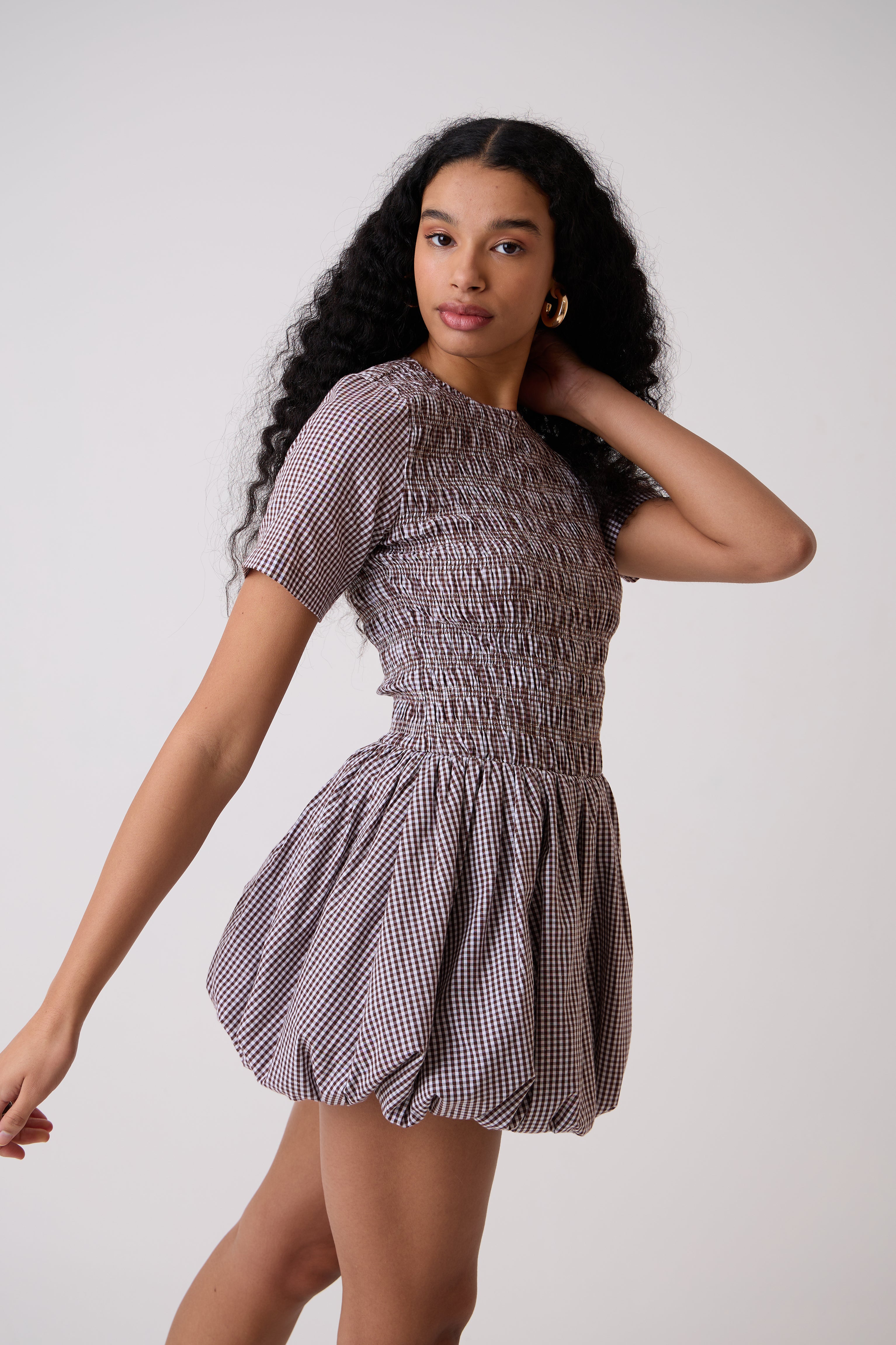 Eleanor Pure Cotton Brown Gingham Mini Puffball Dress