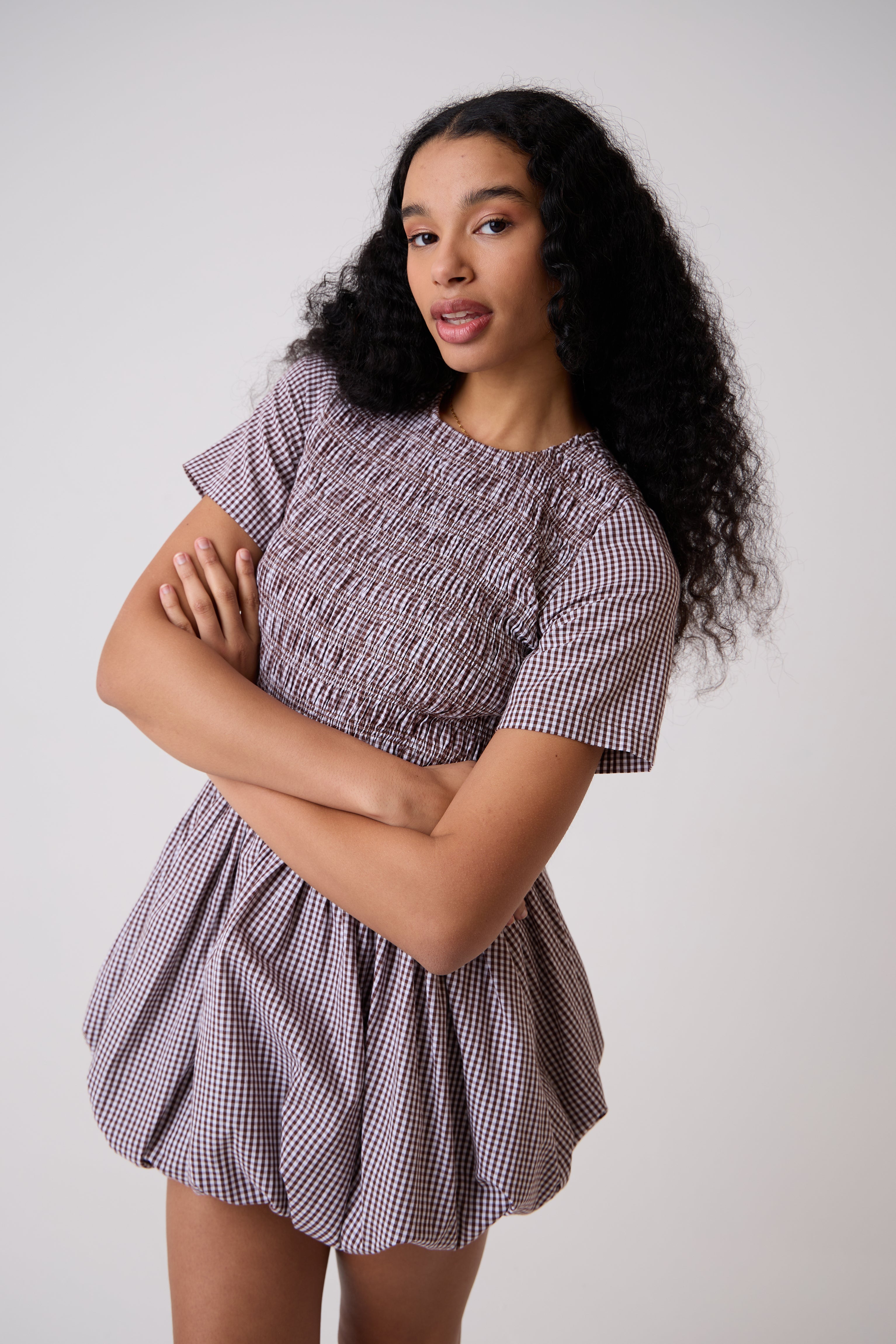 Eleanor Pure Cotton Brown Gingham Mini Puffball Dress