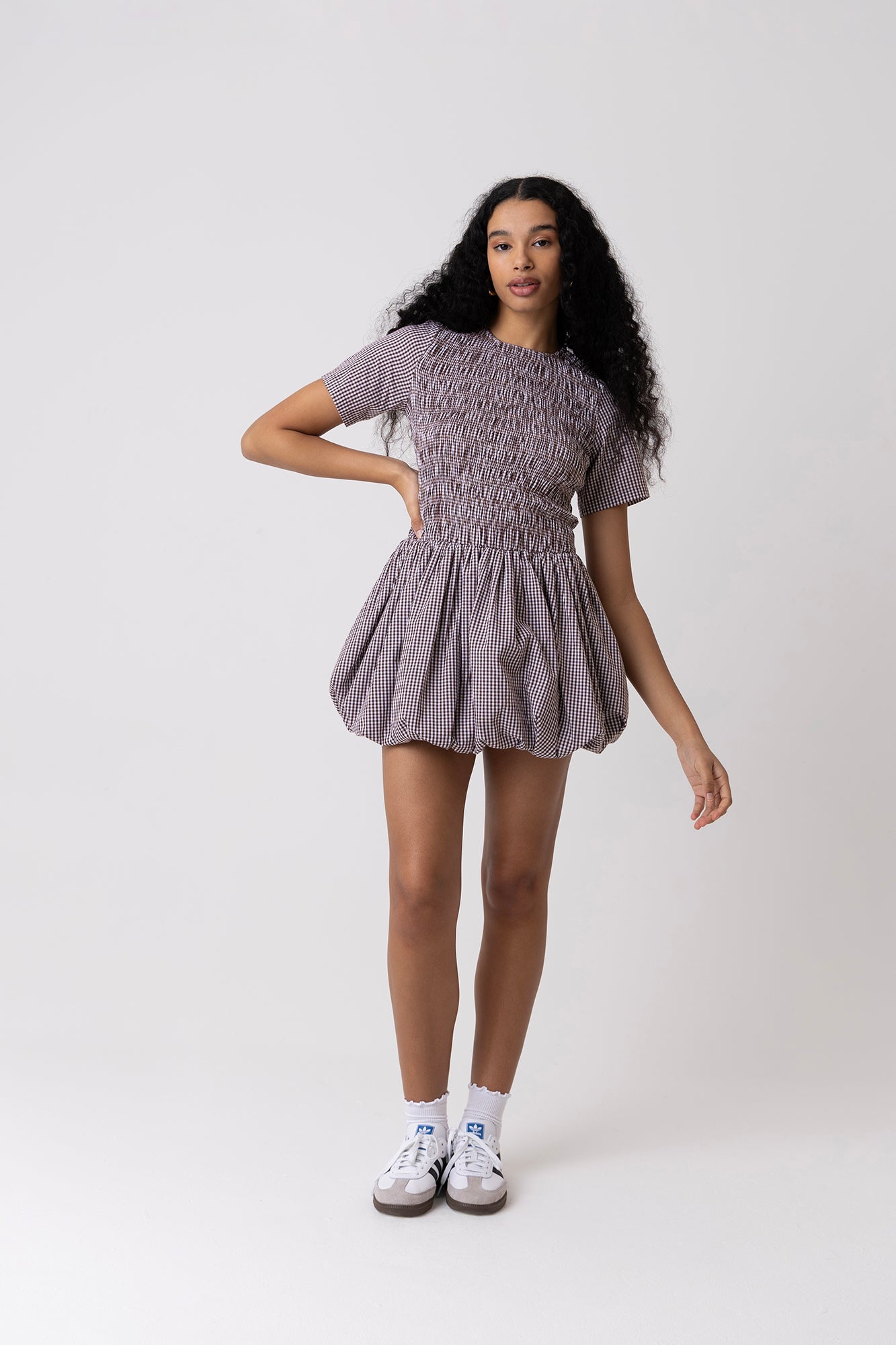 Eleanor Pure Cotton Brown Gingham Mini Puffball Dress