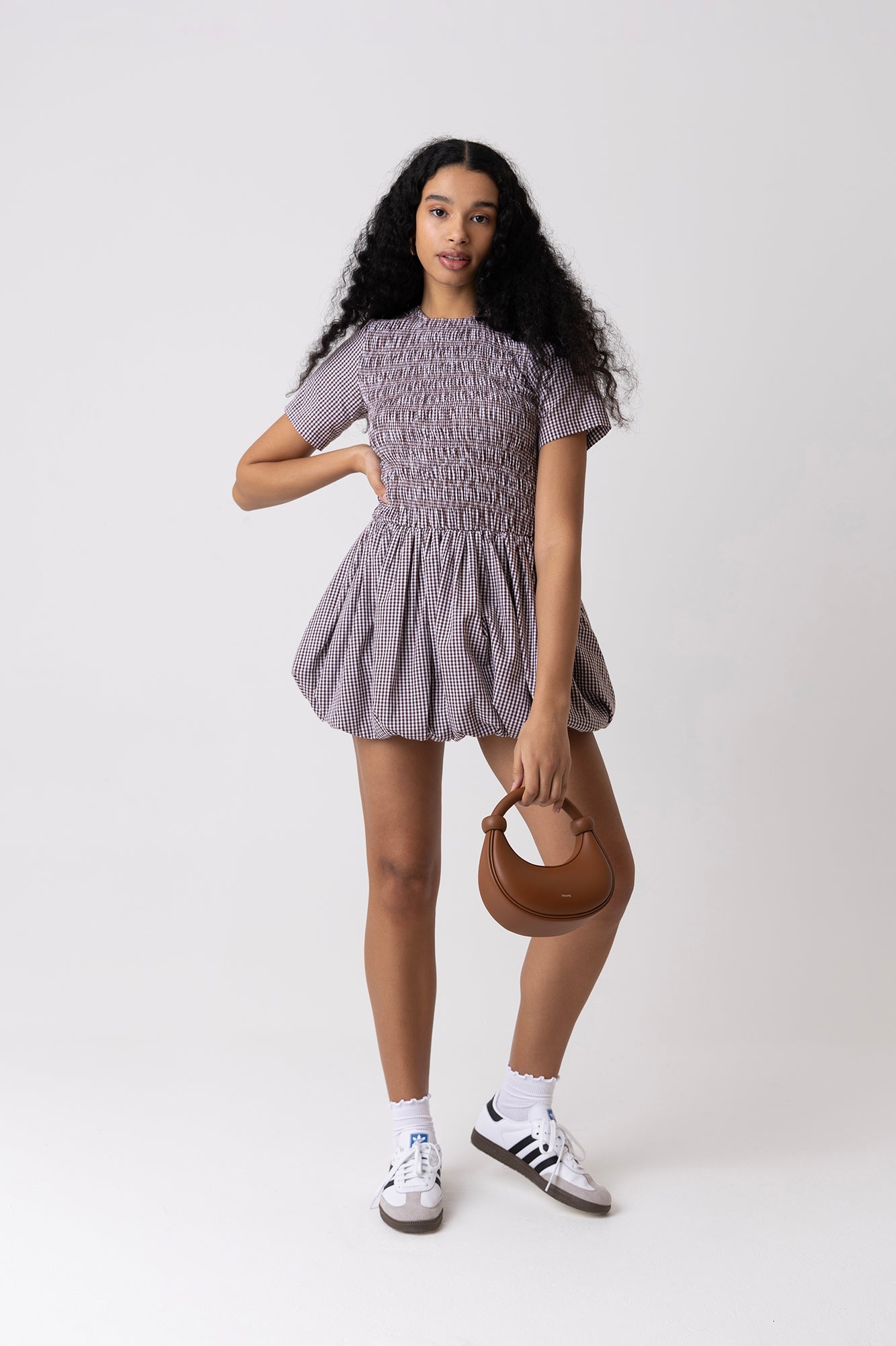 Eleanor Pure Cotton Brown Gingham Mini Puffball Dress