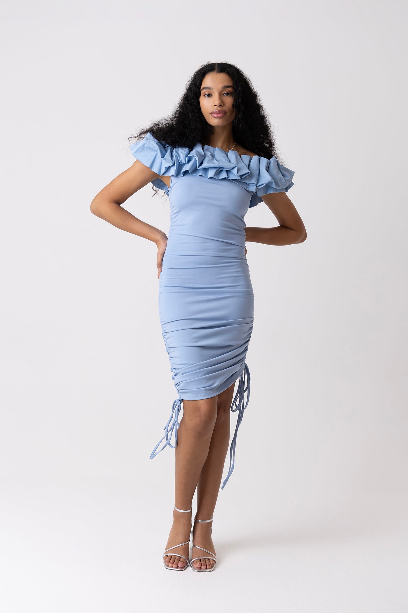 Munroe Rich Cotton Blue Bardot Floral Dress