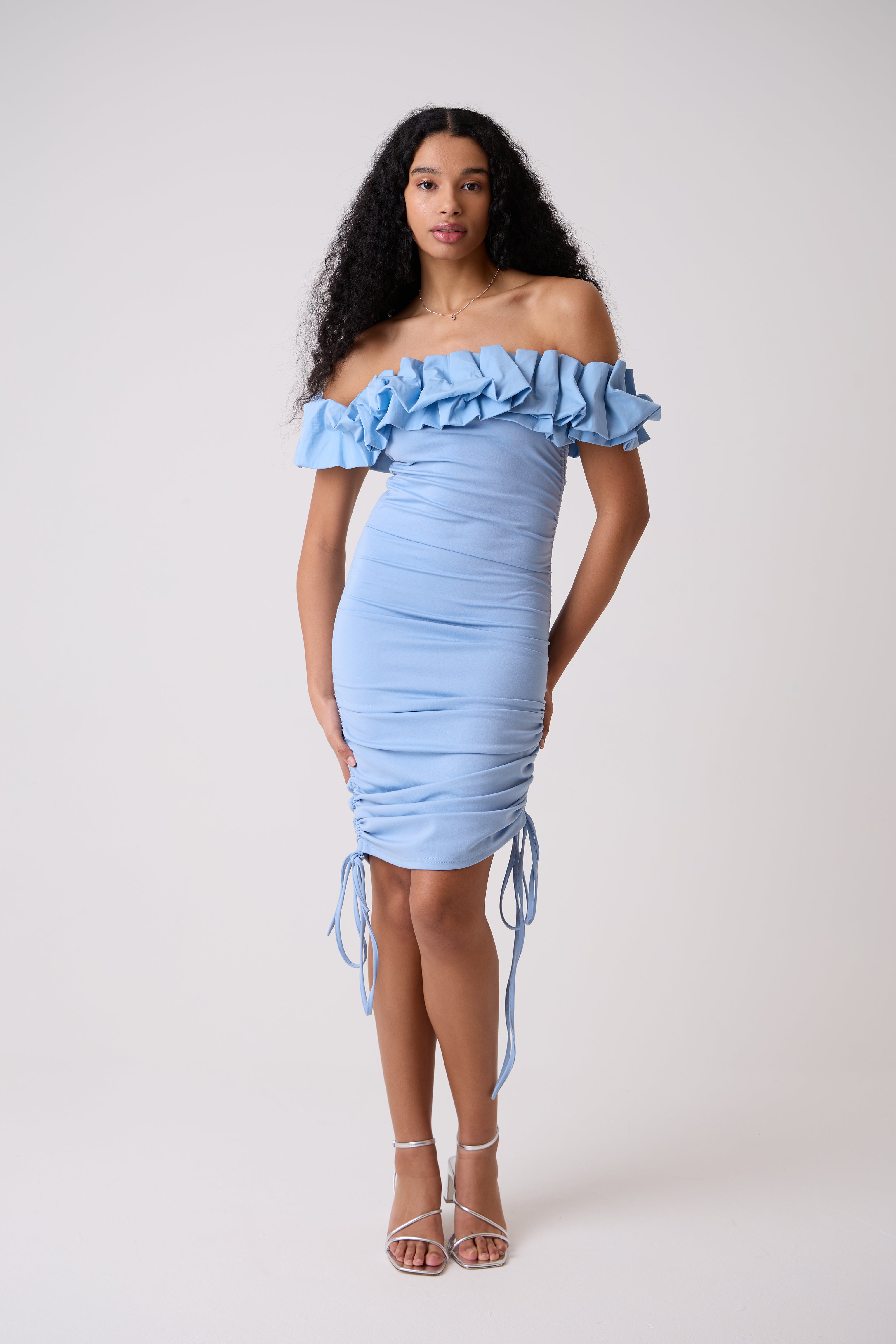 Munroe Rich Cotton Blue Bardot Floral Dress