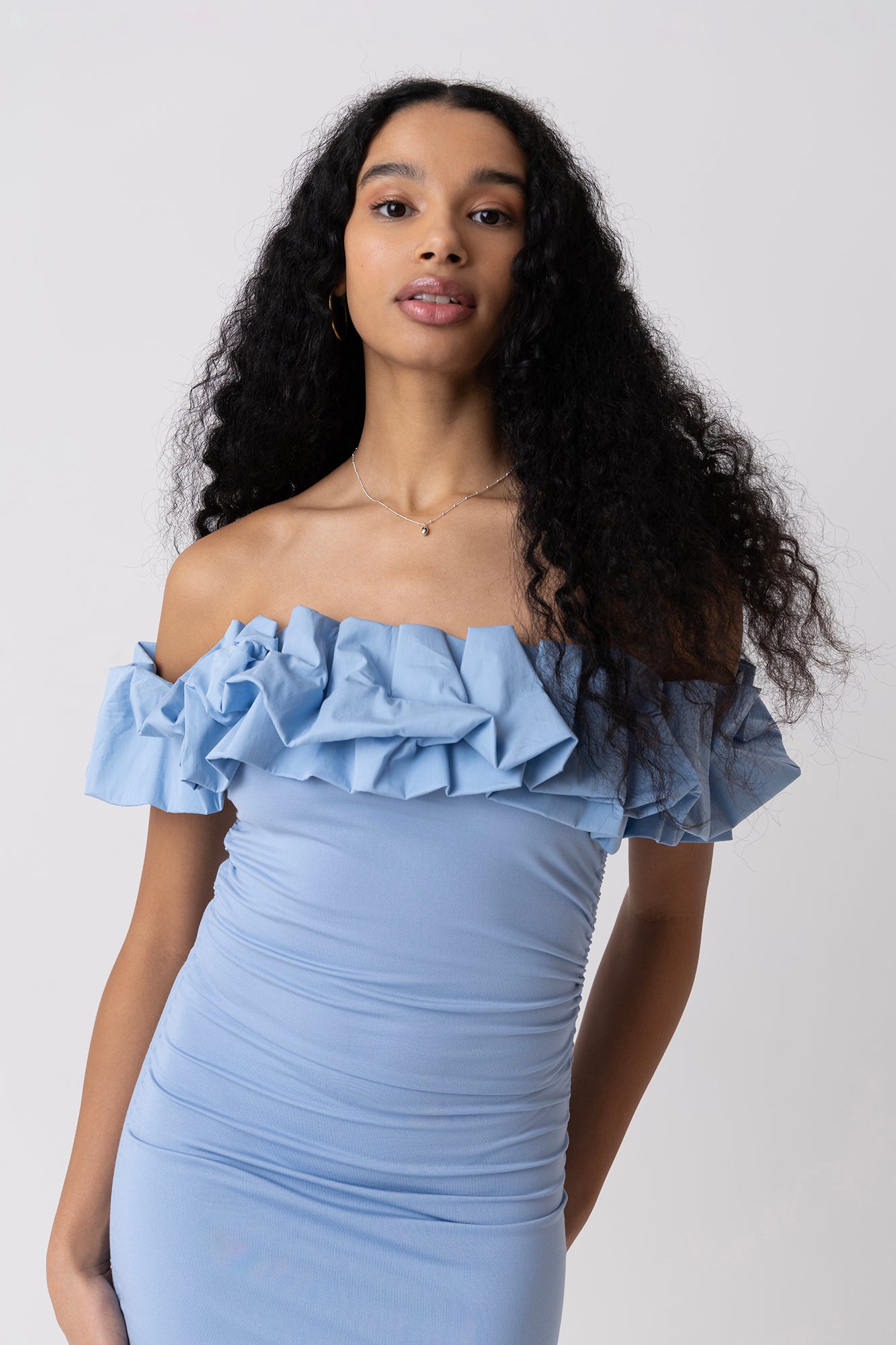 Munroe Rich Cotton Blue Bardot Floral Dress