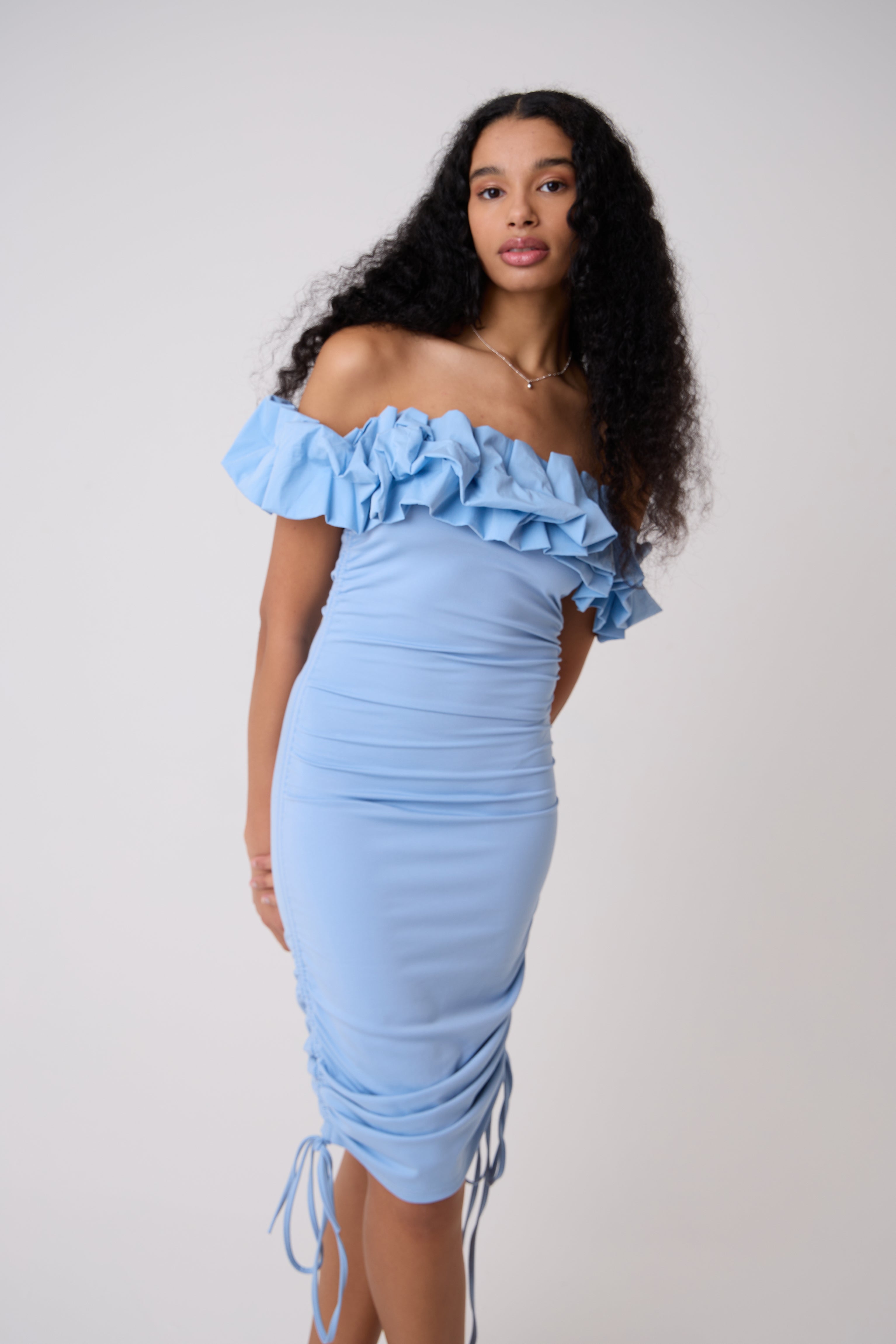 Munroe Rich Cotton Blue Bardot Floral Dress