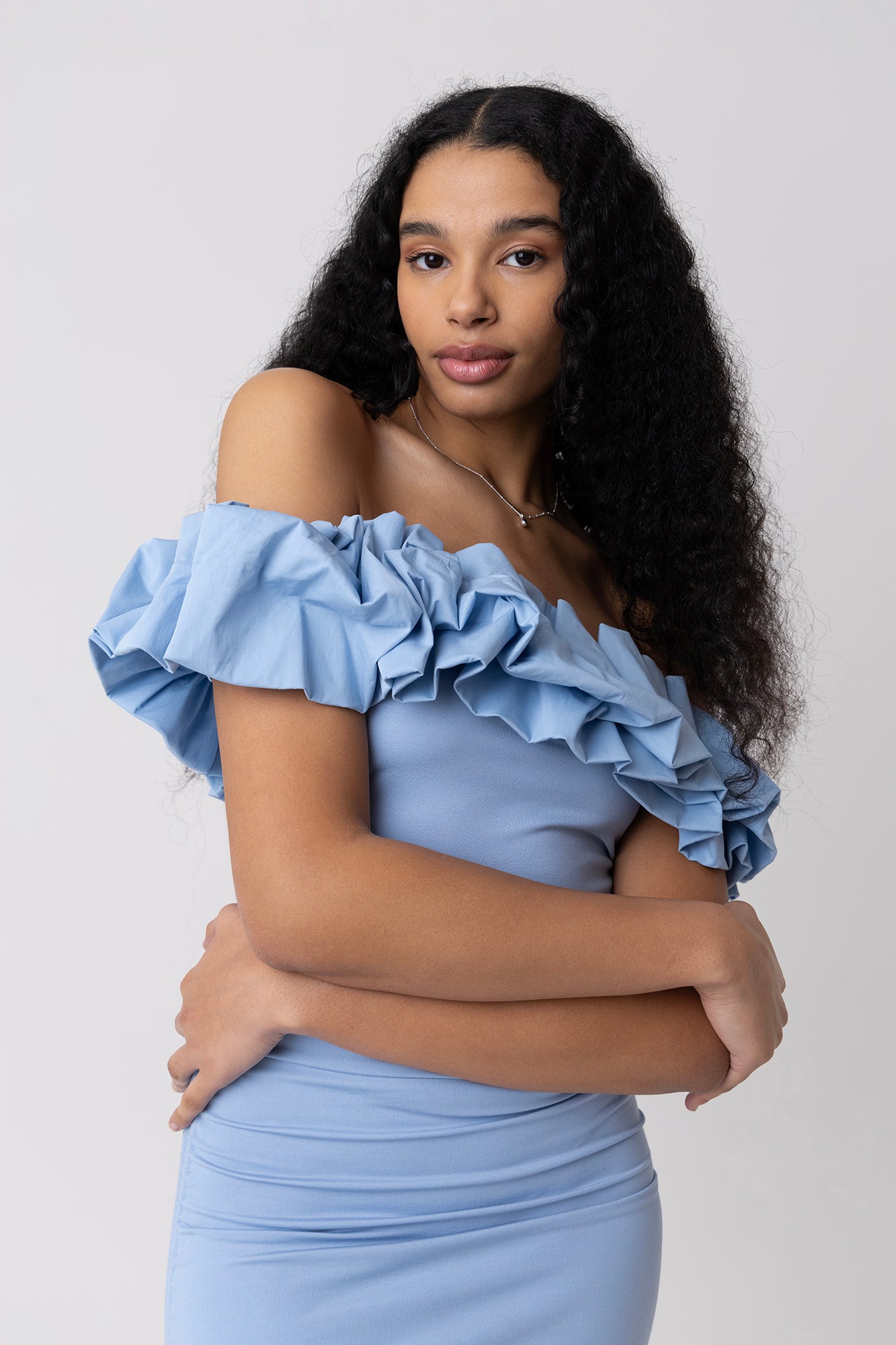 Munroe Rich Cotton Blue Bardot Floral Dress