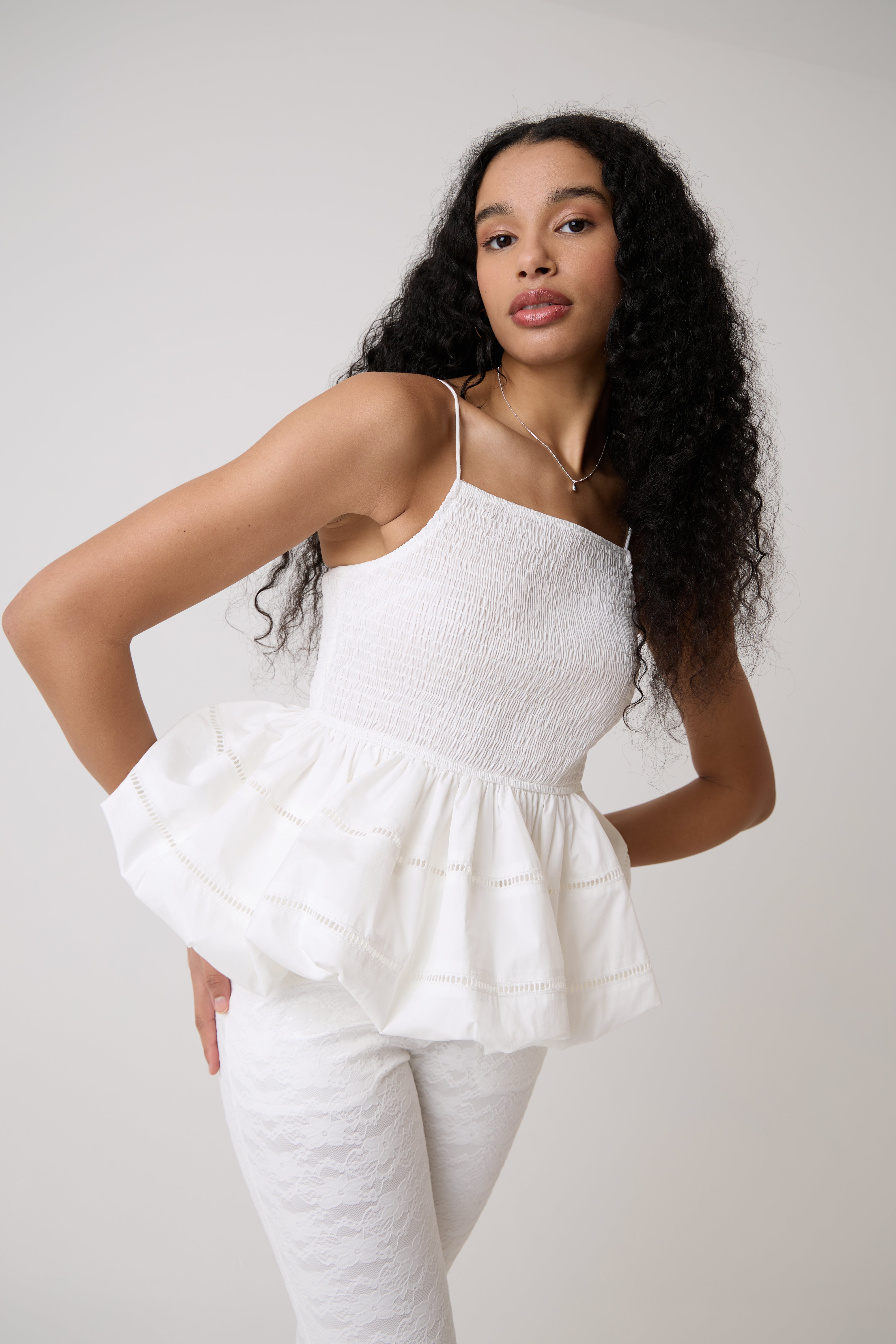 Penny Pure Cotton White Shirred Peplum Top