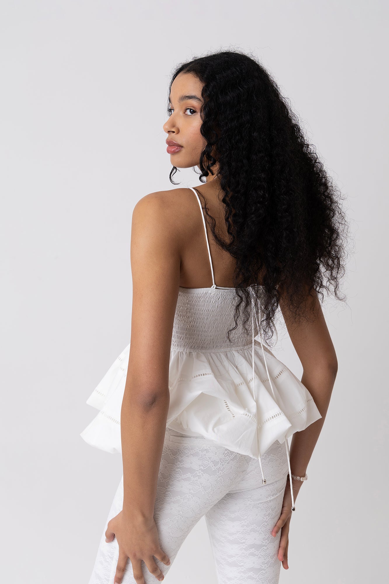 Penny Pure Cotton White Shirred Peplum Top