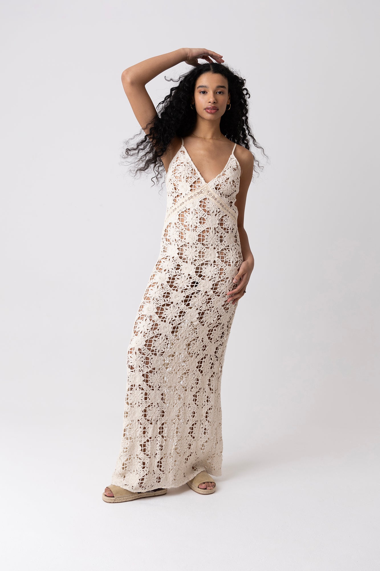 Sylvia Pure Cotton  Beige Crochet Maxi Dress