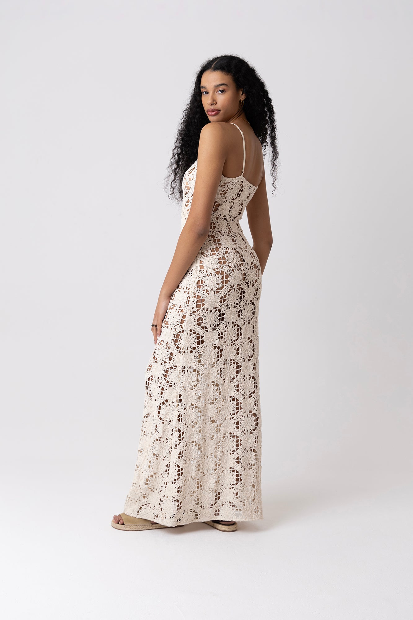 Sylvia Pure Cotton Beige Crochet Maxi Dress