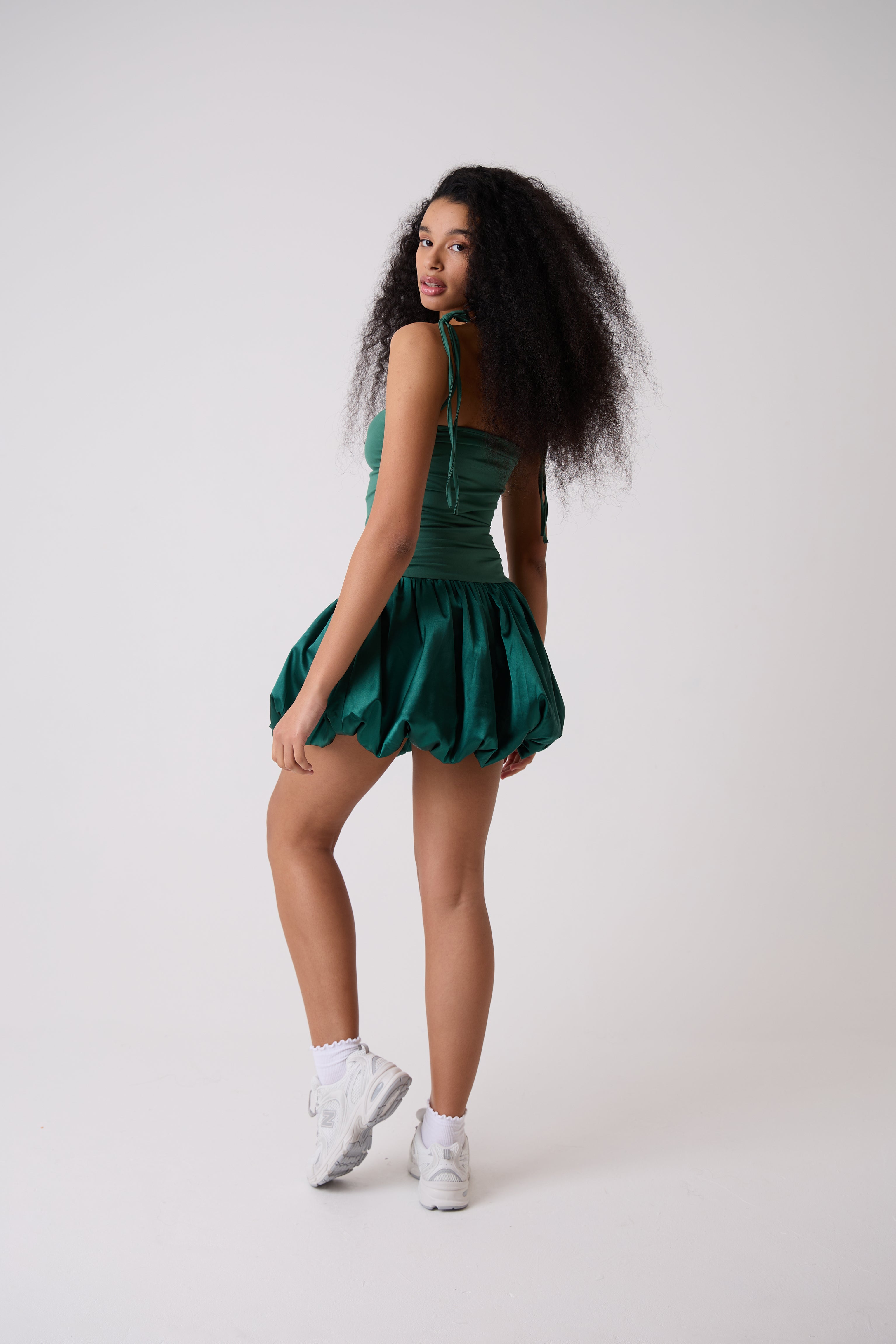 Alexa Emerald Green Satin Puffball Ultra Mini Dress