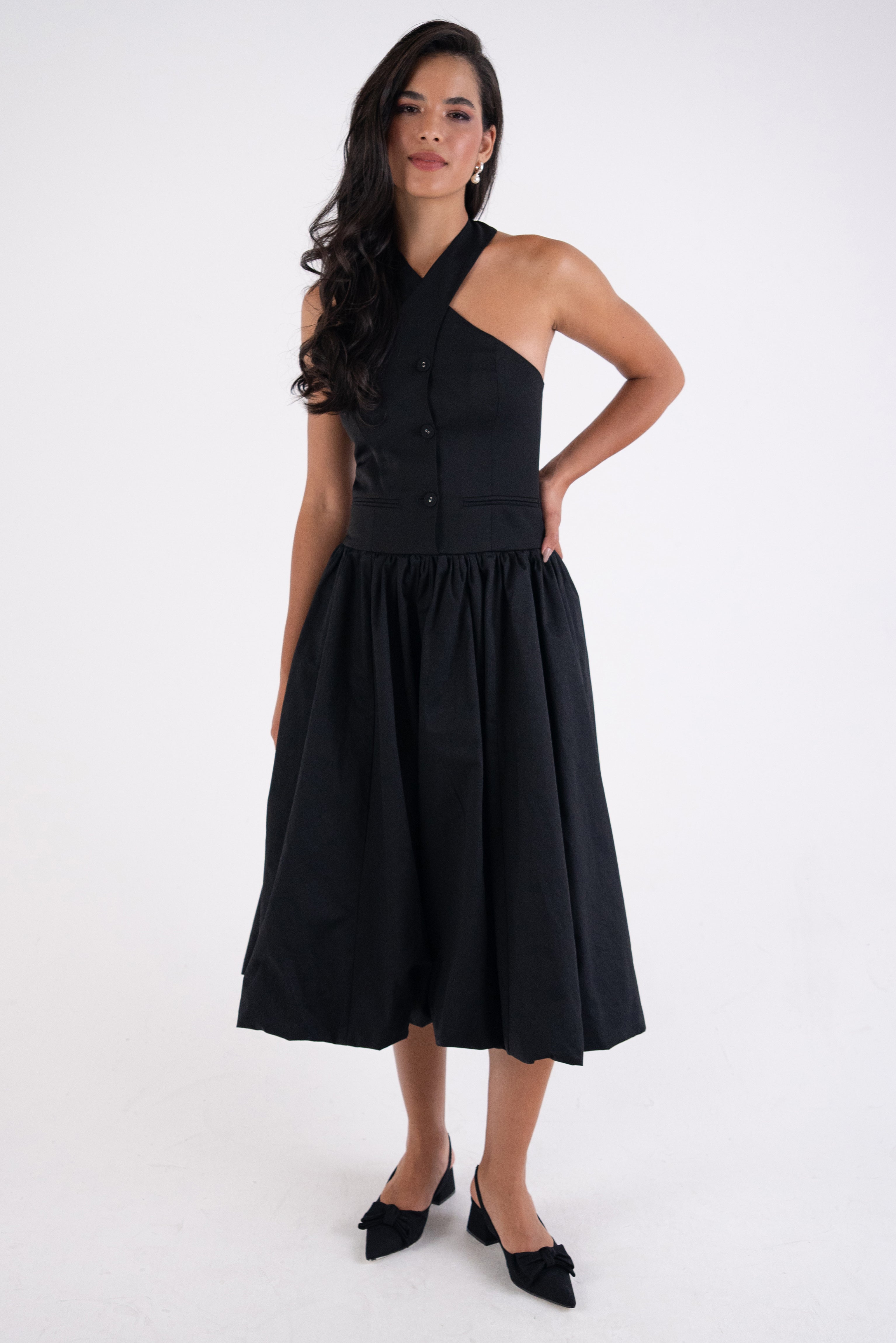 Garcelle Rich Cotton Black Halterneck Midi Dress