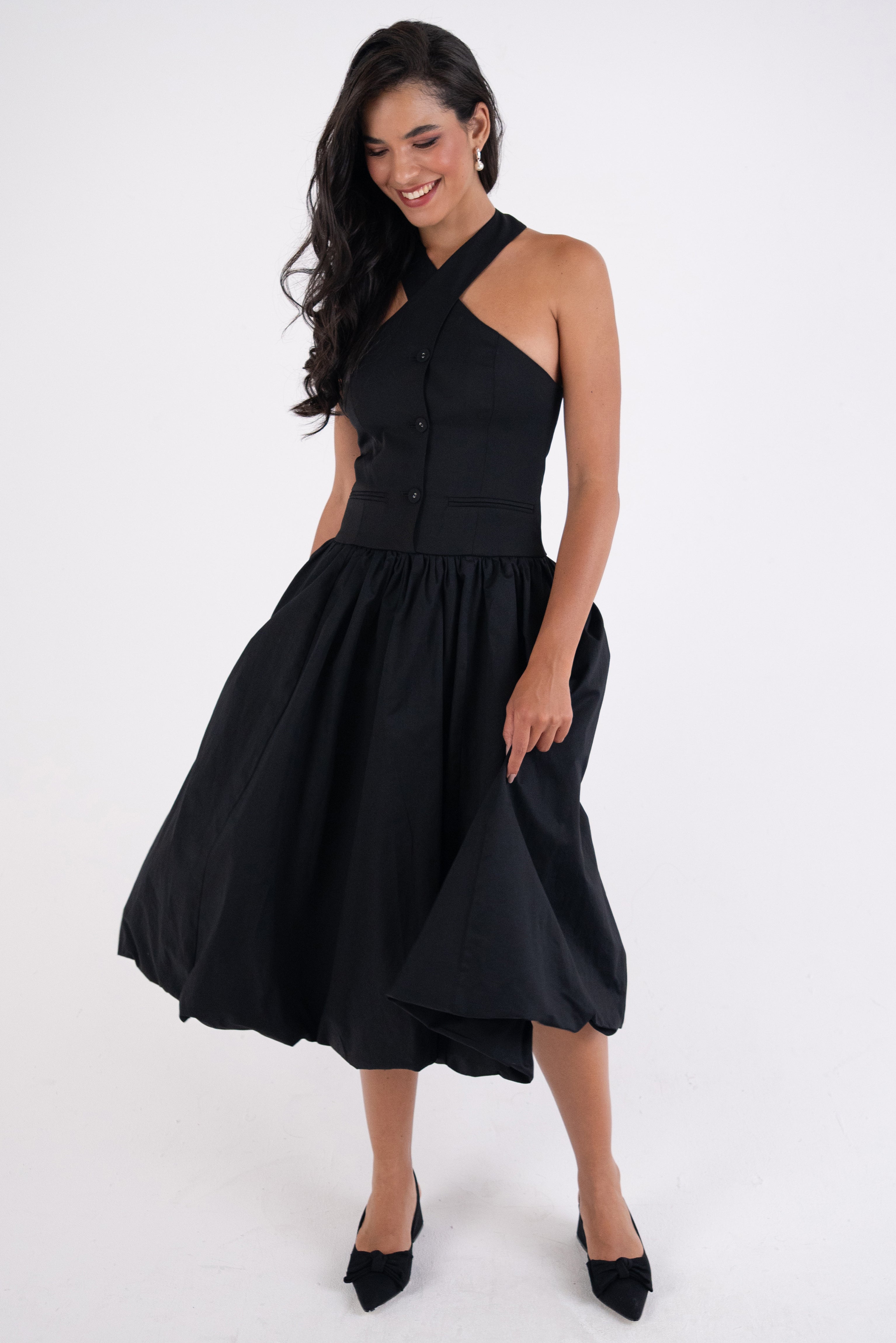 Garcelle Rich Cotton Black Halterneck Midi Dress