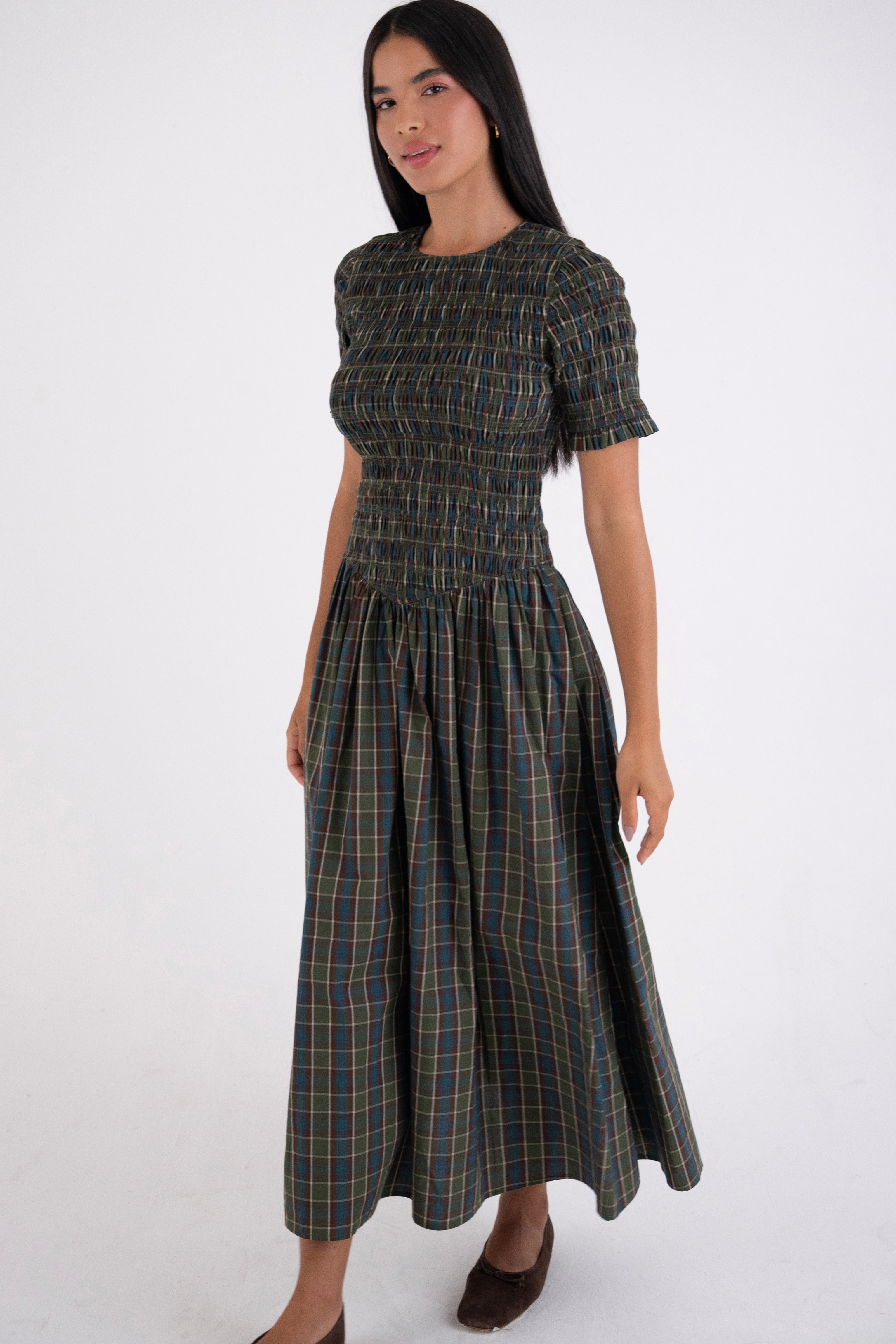 Beatrix Pure Cotton Smocked Green Plaid Midi Dress
