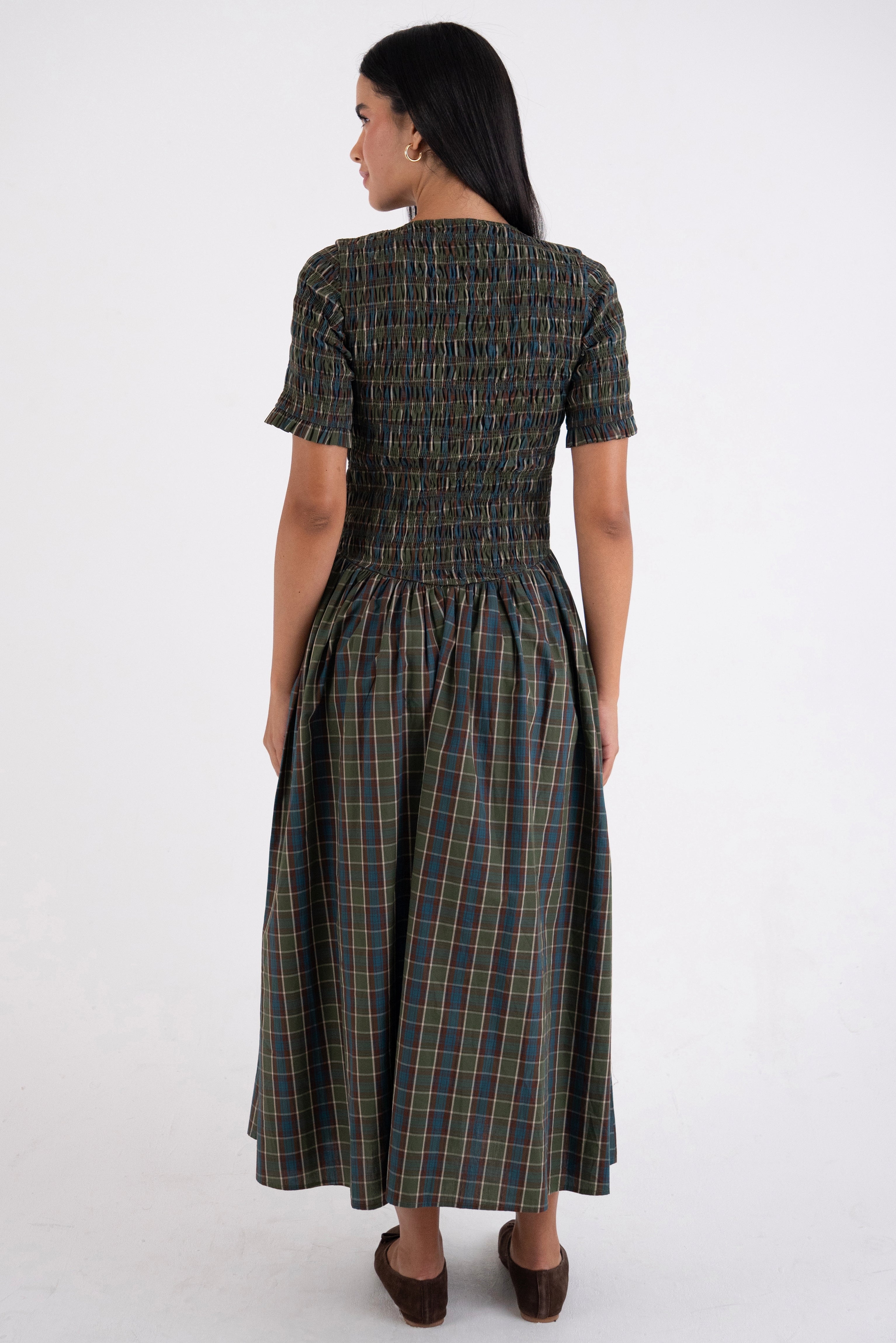 Beatrix Pure Cotton Smocked Green Plaid Midi Dress
