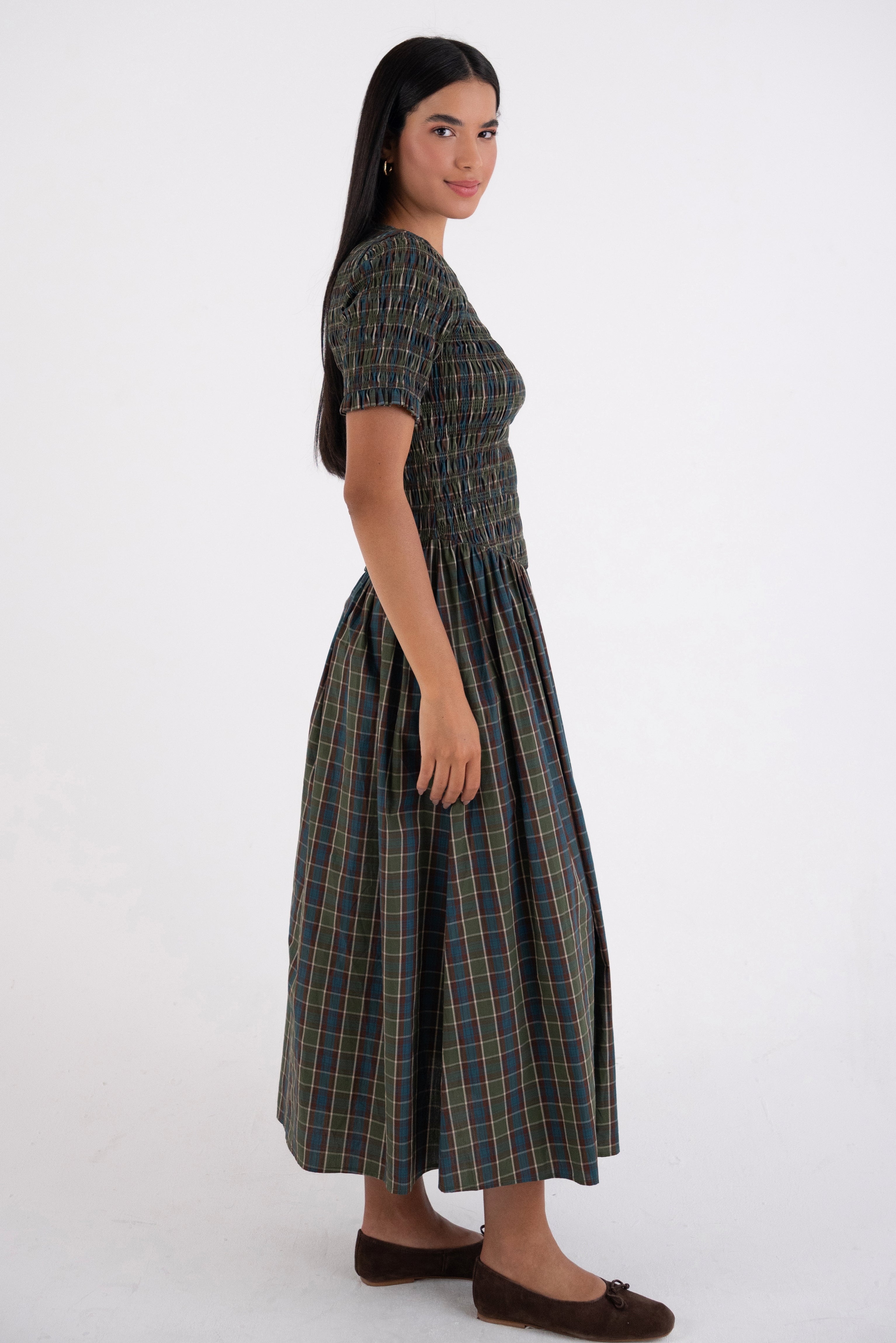 Beatrix Pure Cotton Smocked Green Plaid Midi Dress