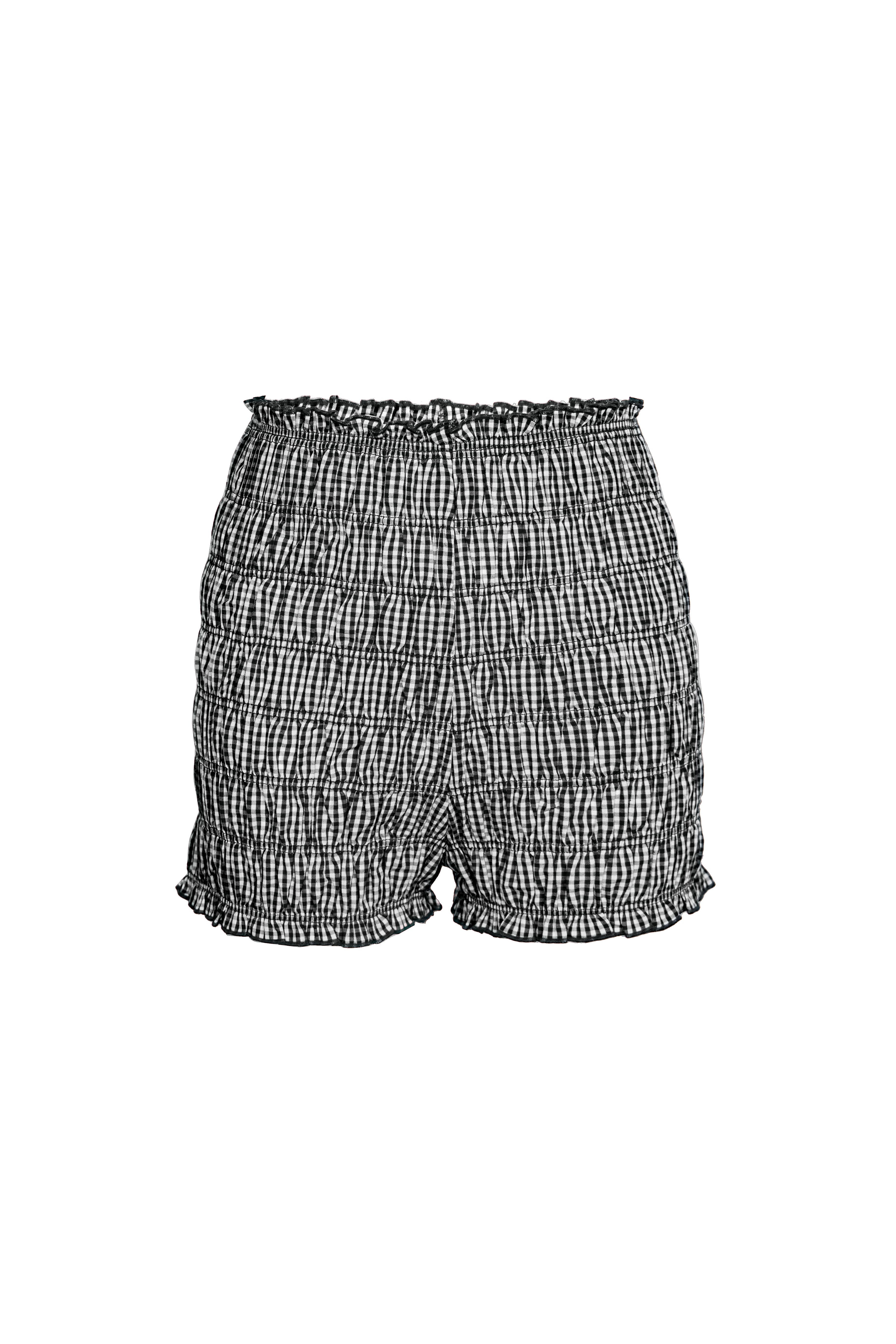 Danica Black Cotton Gingham Shirred Shorts