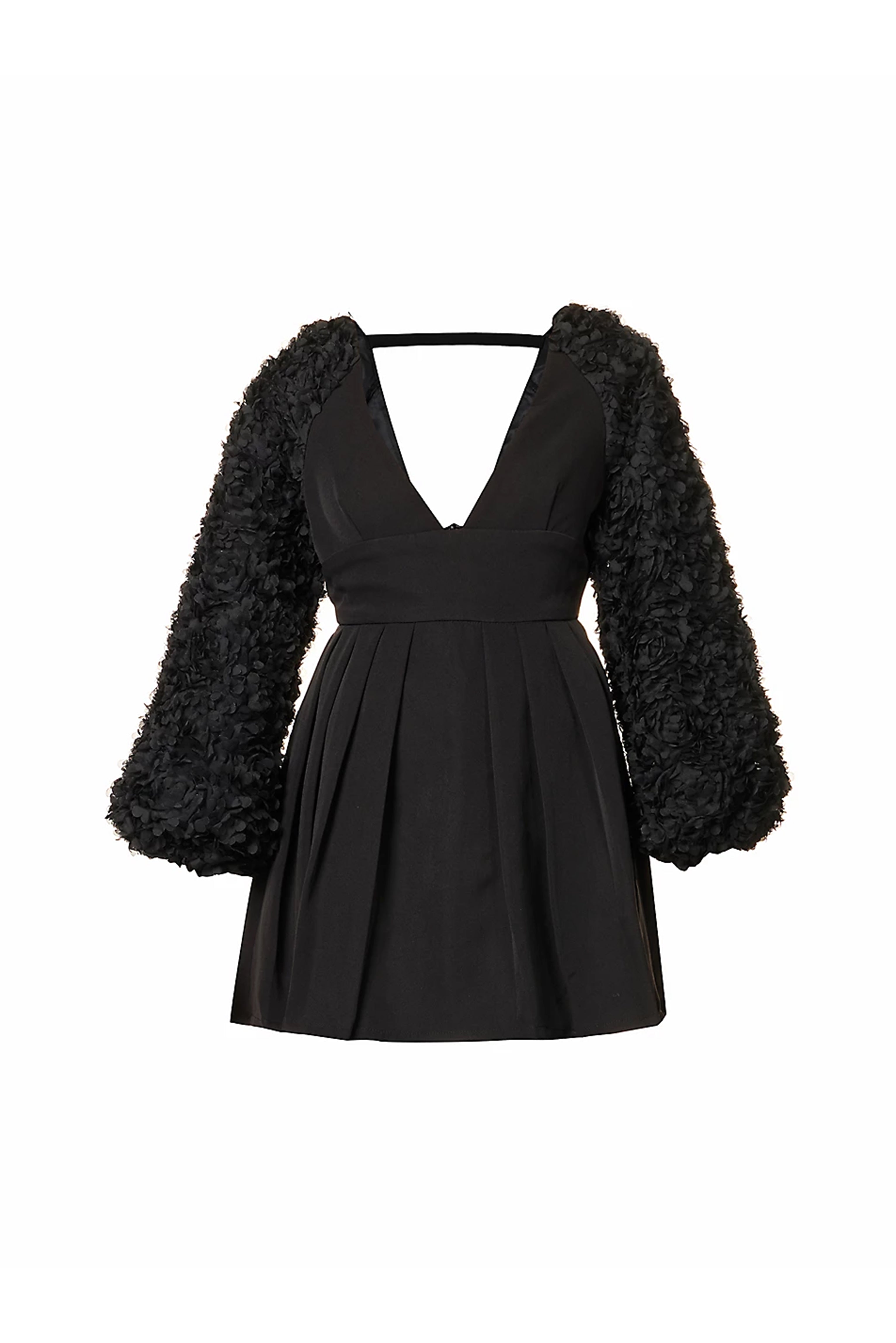 Brooklyn Black V-neck Puff Sleeve Pleated Skirt Mini Dress | AmyLynn