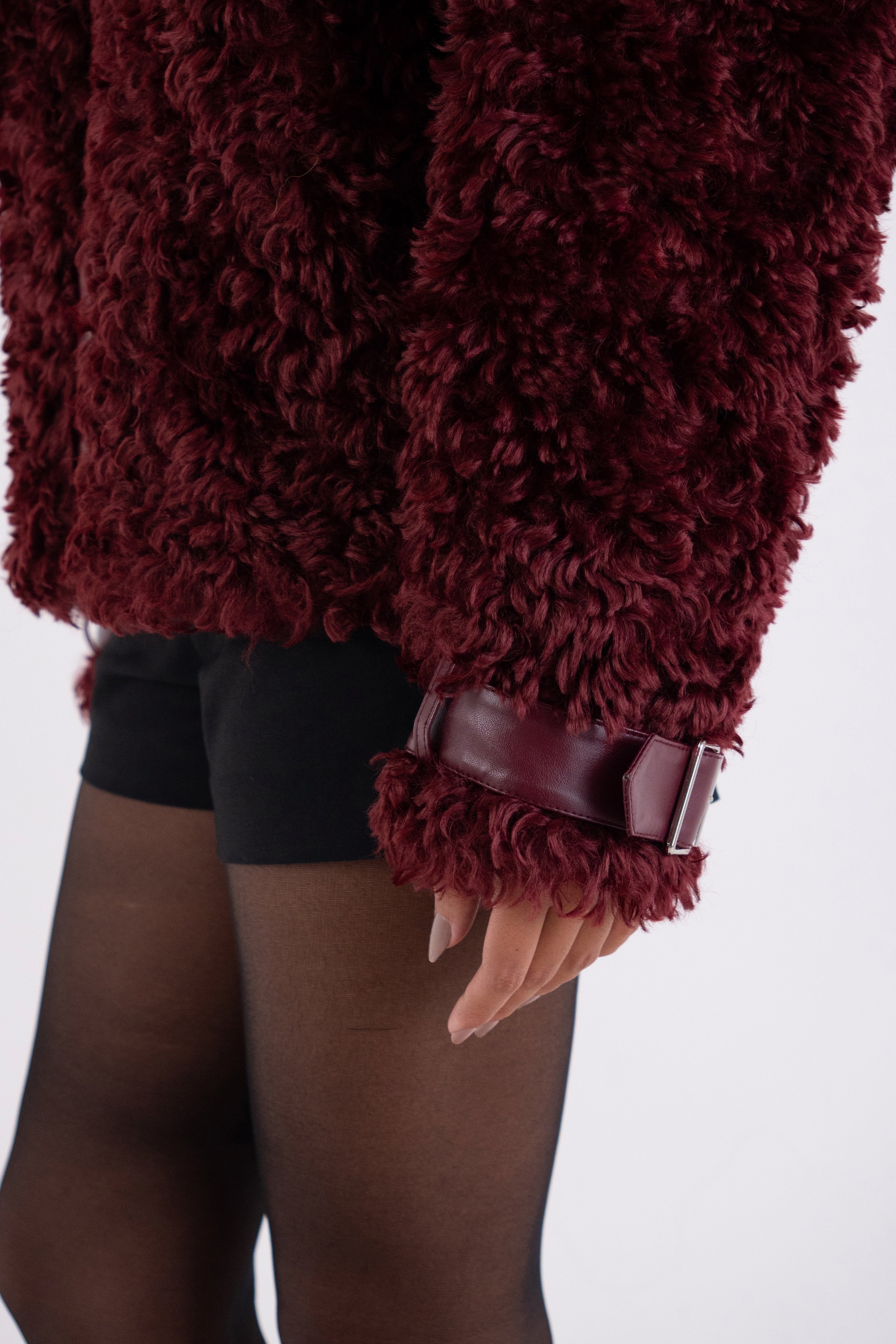Celeste Burgundy Funnel Neck Faux Shearling Coat