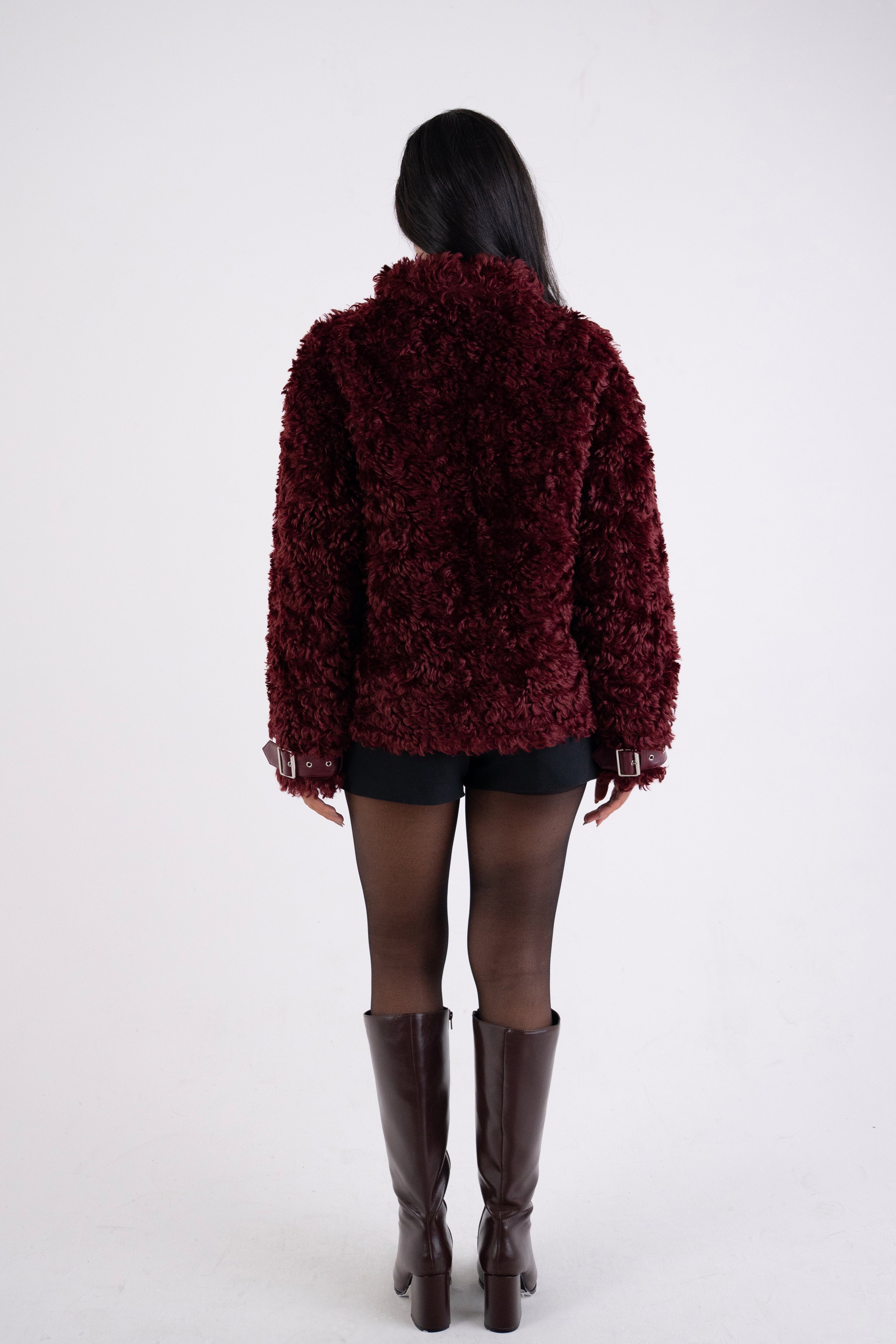 Celeste Burgundy Funnel Neck Faux Shearling Coat