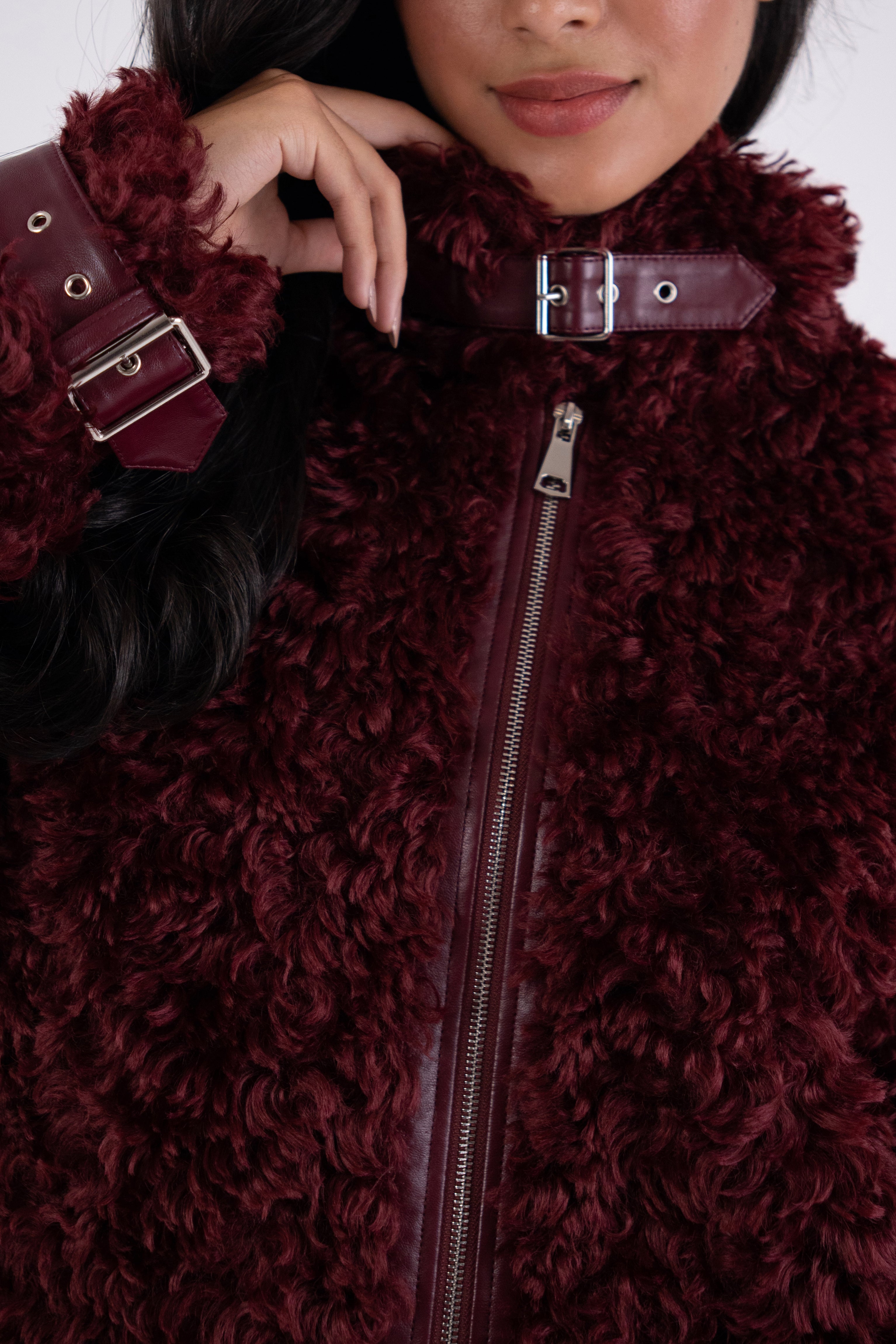 Celeste Burgundy Faux Fur Shearling Coat with Leather Trim