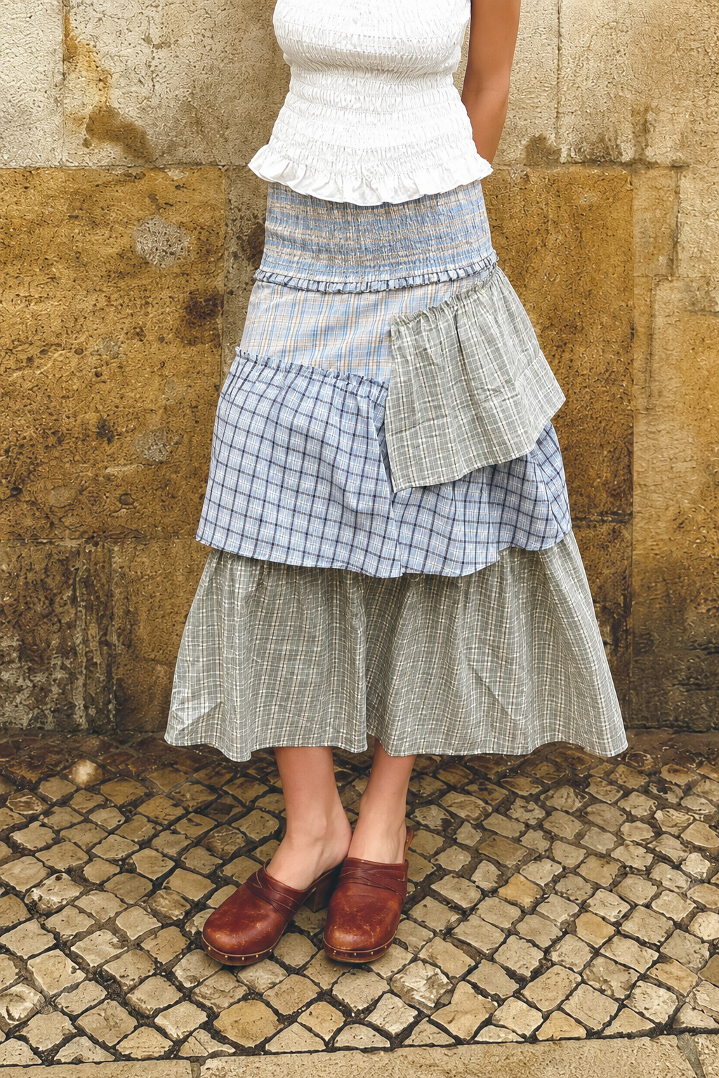 Thea Multi Check Cotton Smocked Tiered Skirt