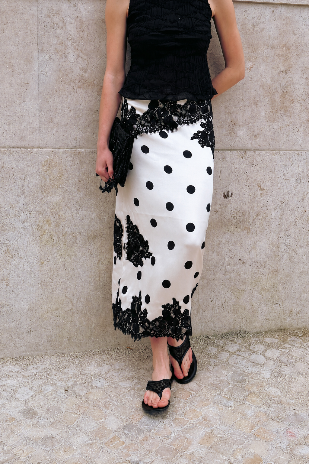 Verona Polka Dot Satin Midi Skirt | AMYLYNN