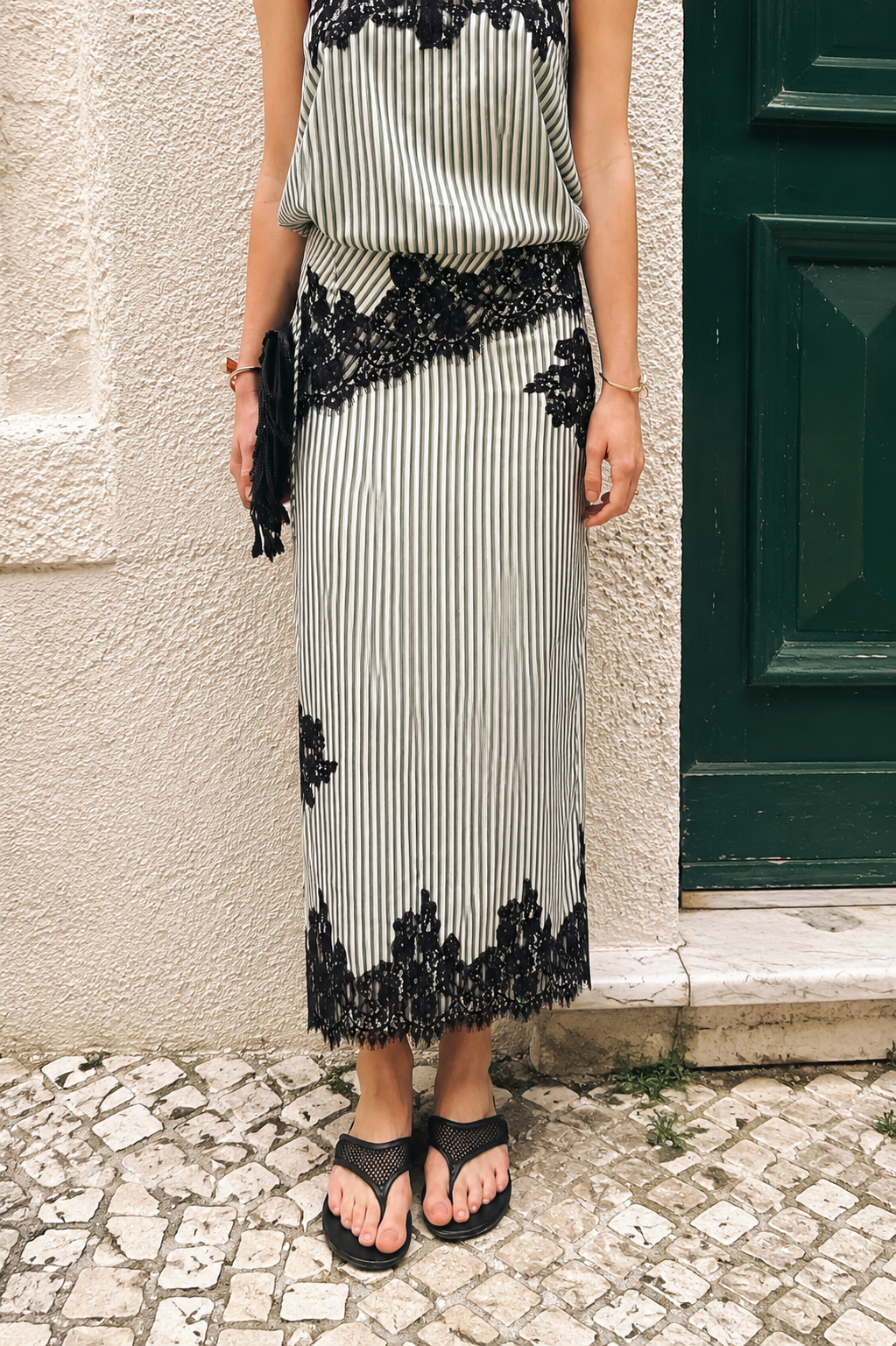 Verona Green Stripe Satin Lace Midi Skirt