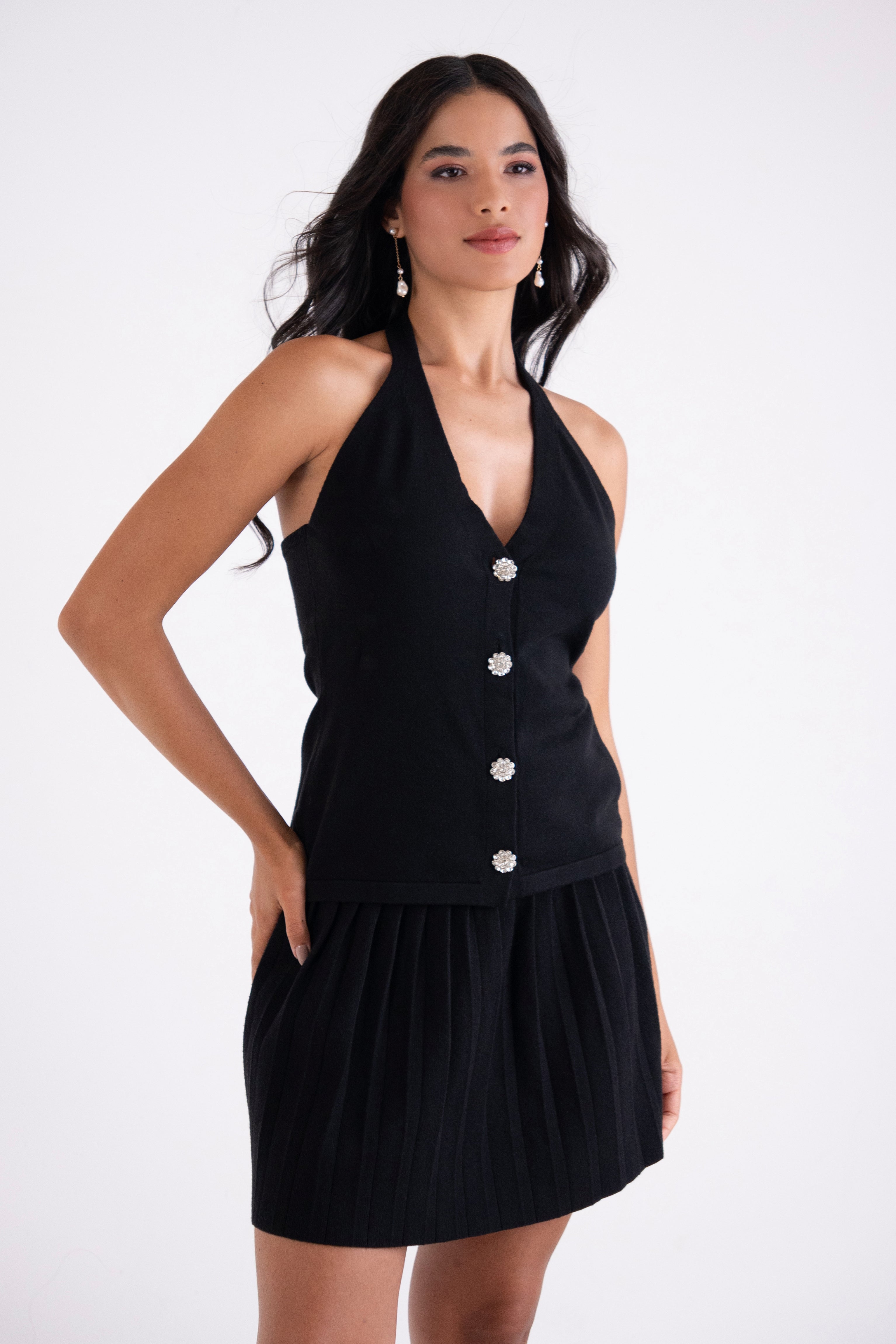 Clarissa Black Viscose Knitted Halter Top