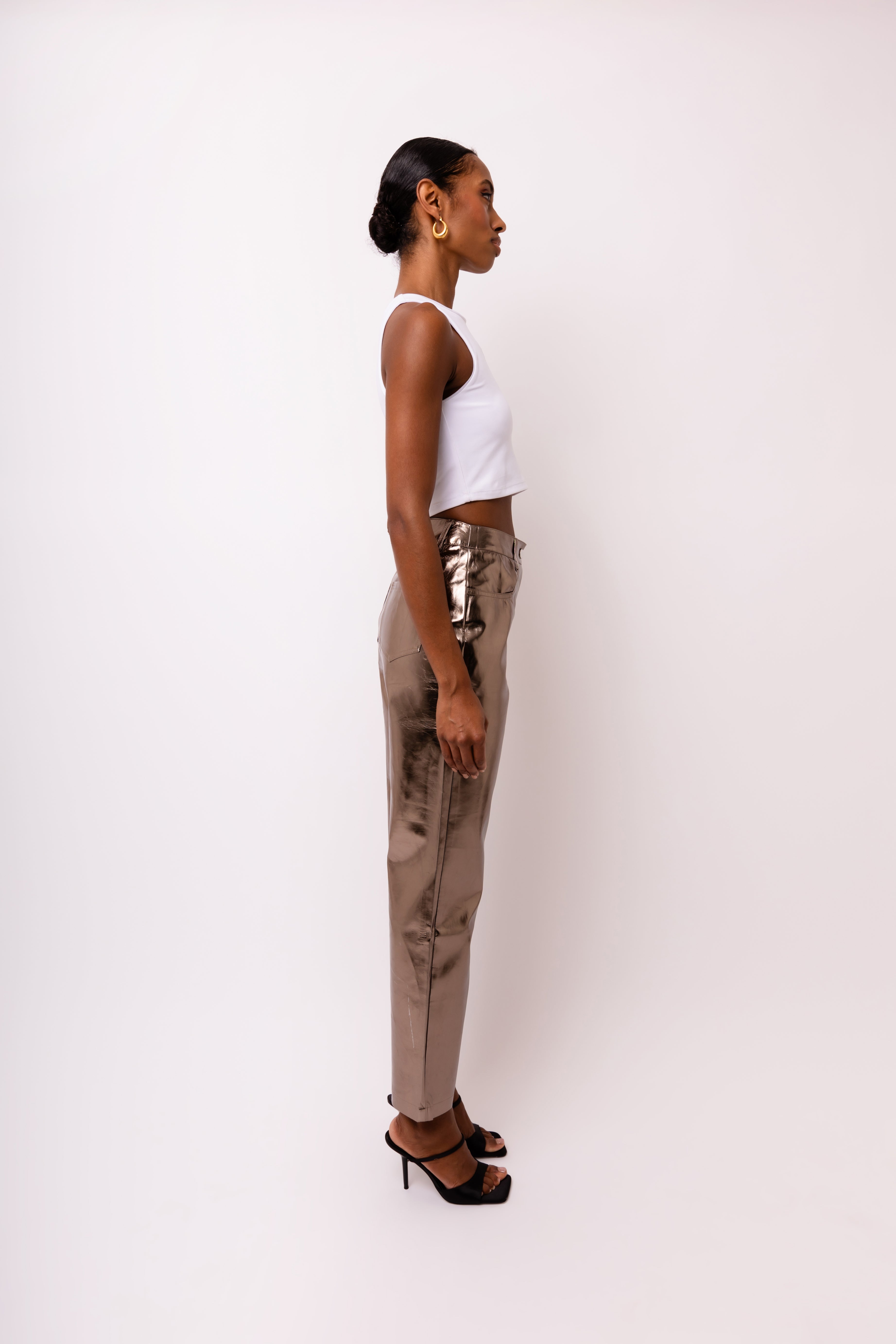 Lupe Charcoal Metallic Straight Leg High Rise Faux Leather Trousers | AmyLynn 