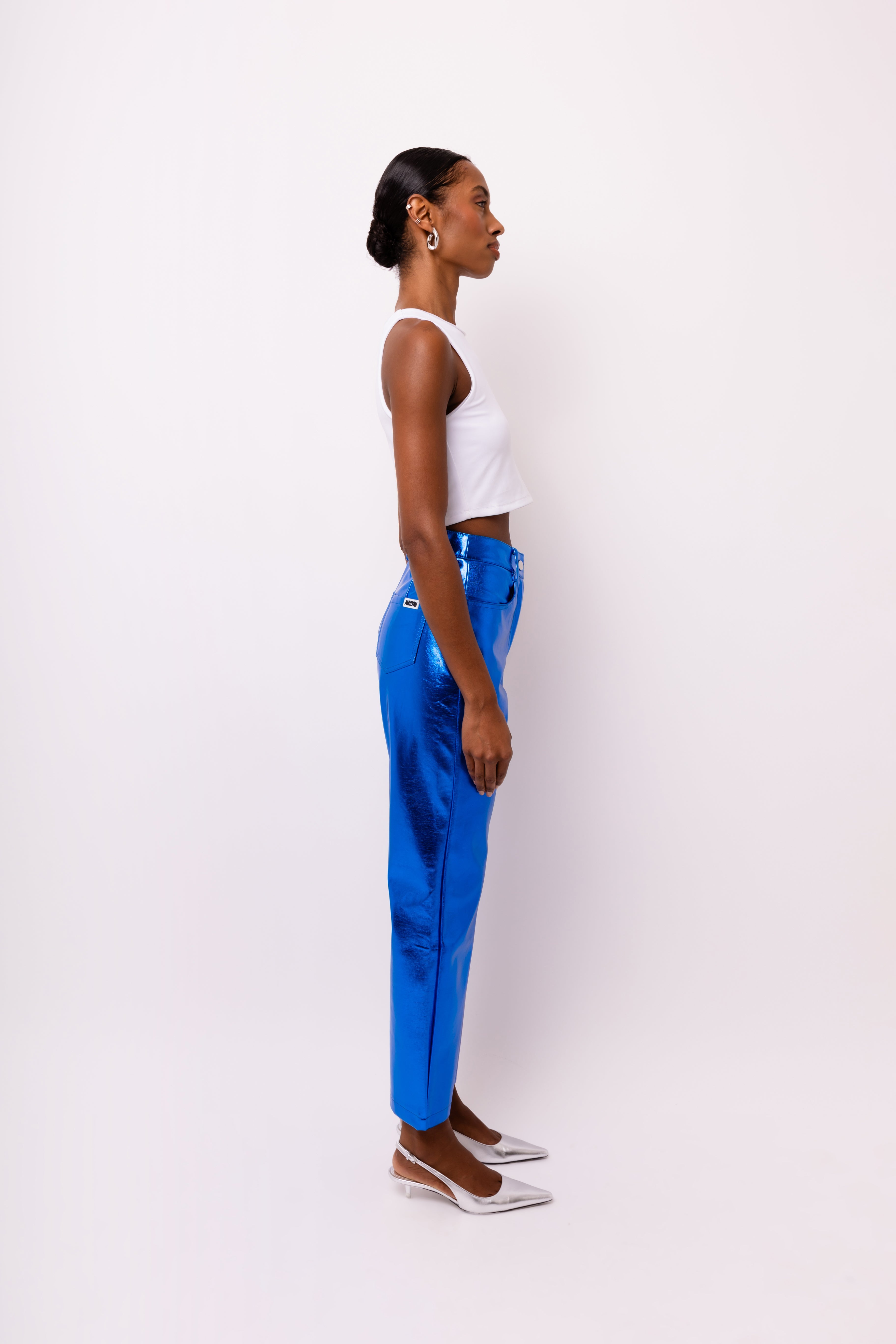 Lupe Cobalt Blue Metallic Straight Leg High Rise Vegan Leather Trousers | AmyLynn