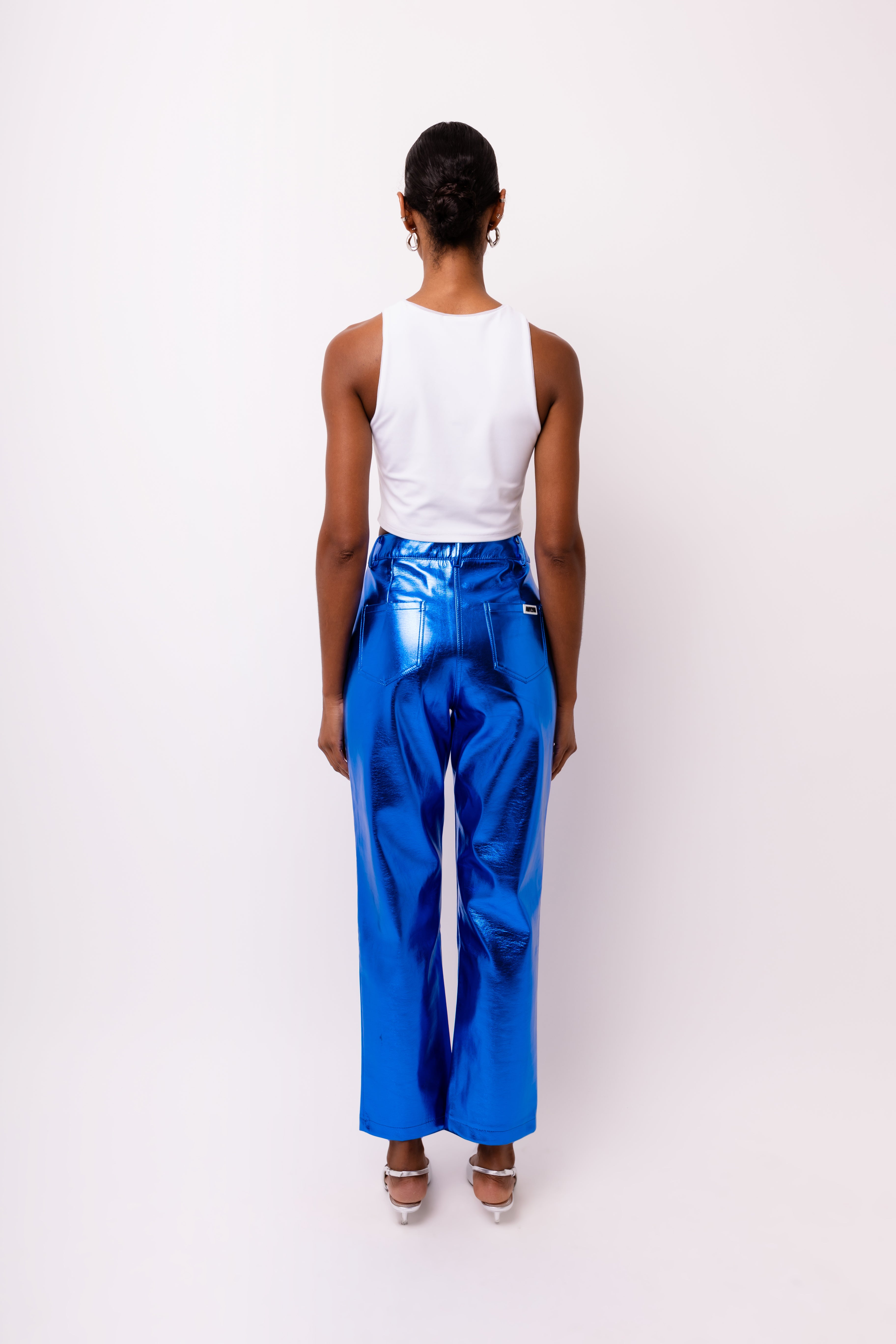 Lupe Cobalt Blue Metallic Straight Leg High Rise Vegan Leather Trousers | AmyLynn