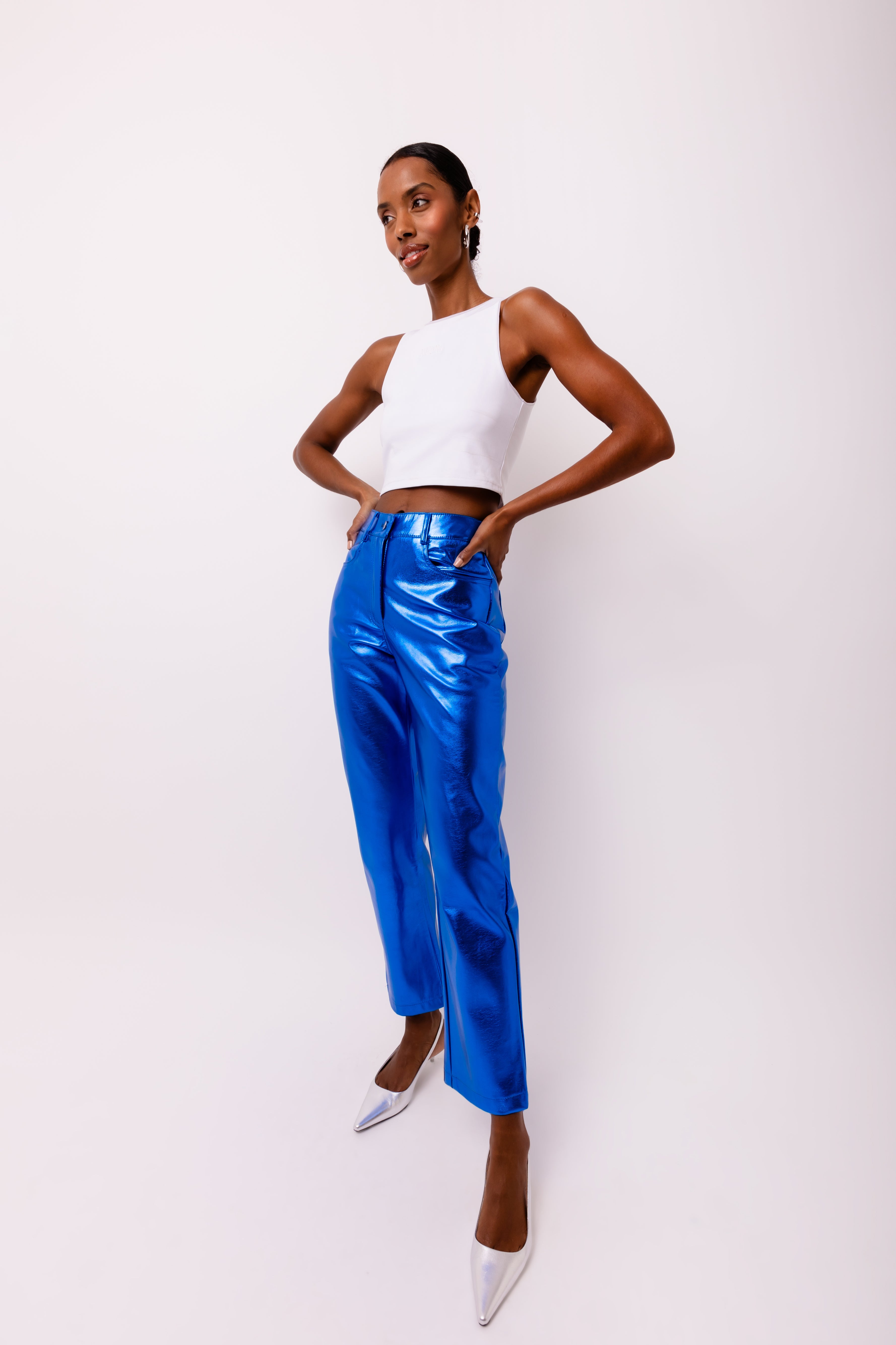 Lupe Cobalt Blue Metallic Straight Leg High Rise Vegan Leather Trousers | AmyLynn