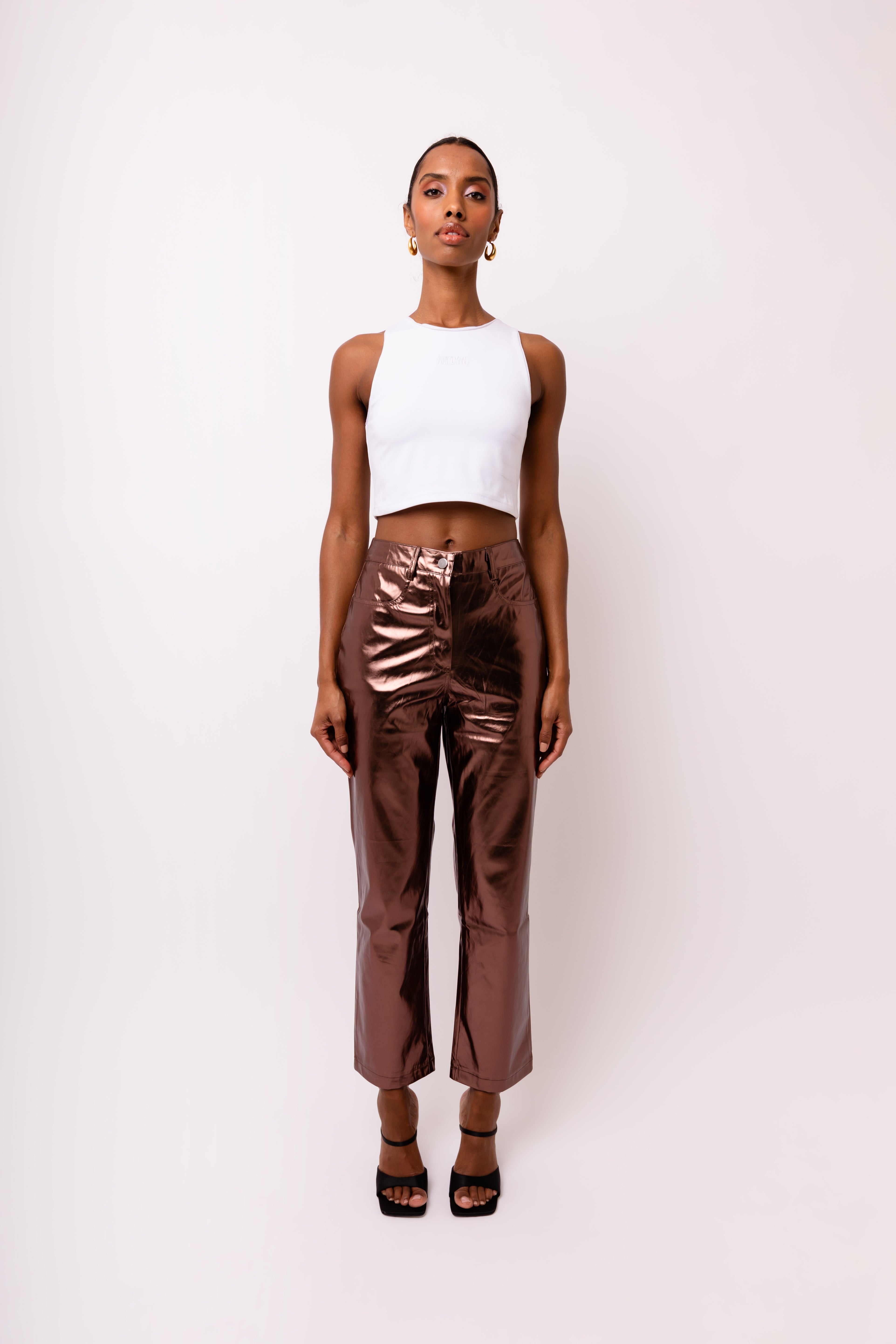 Lupe Mocha Brown Metallic Straight Leg High Rise Vegan Leather Trousers | AmyLynn 