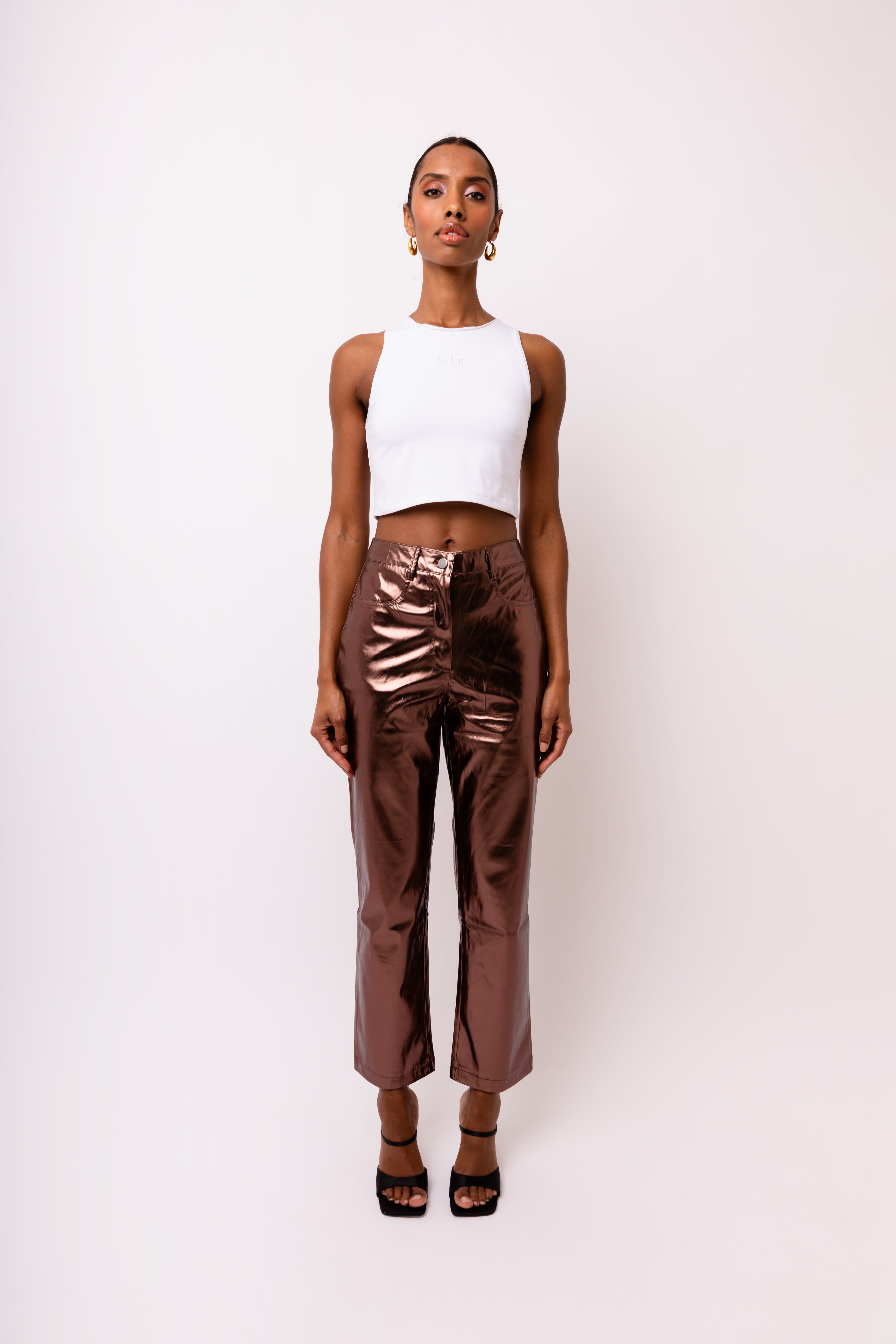Lupe Mocha Brown Metallic Straight Leg High Rise Vegan Leather Trousers | AmyLynn