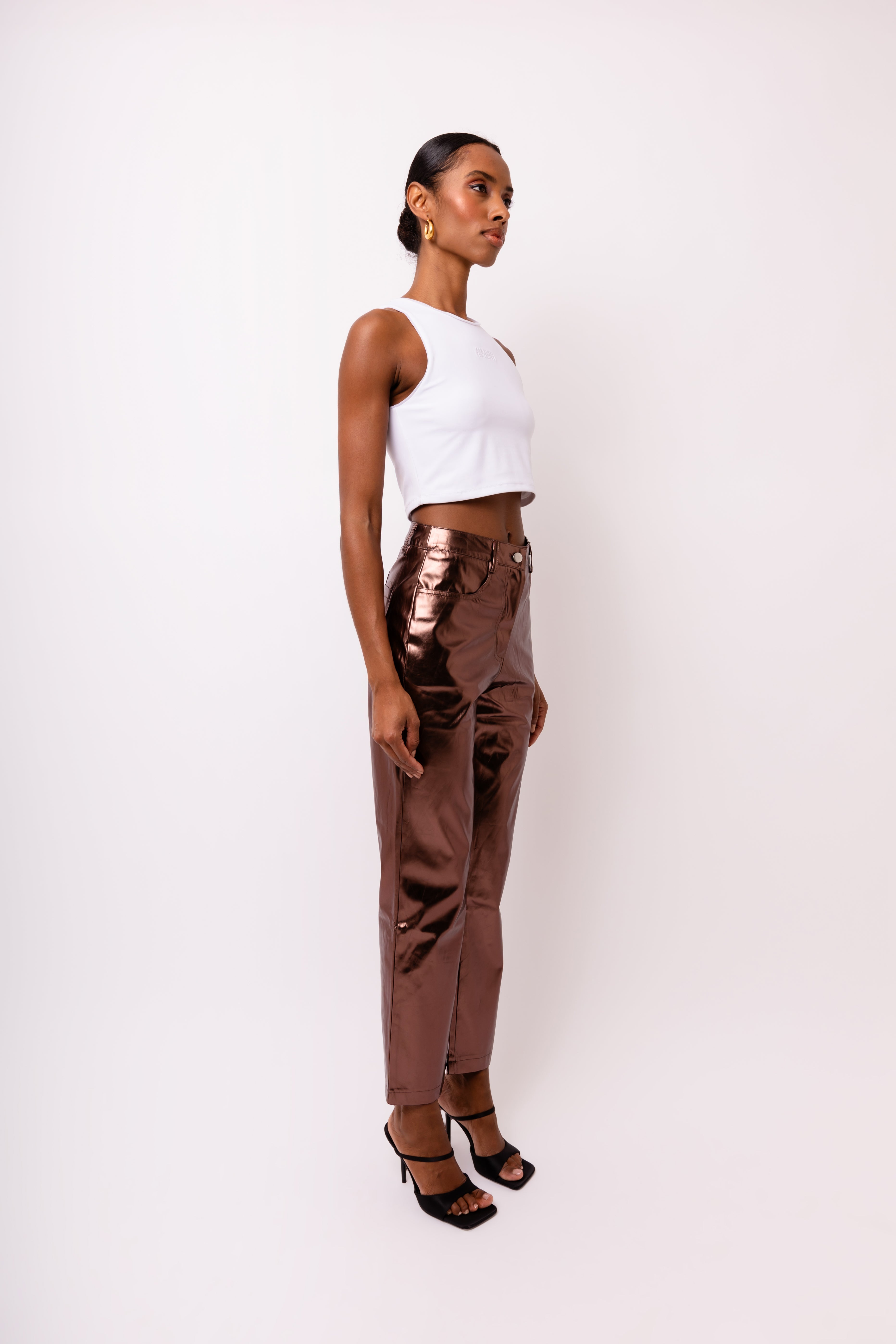 Lupe Mocha Brown Metallic Straight Leg High Rise Vegan Leather Trousers | AmyLynn