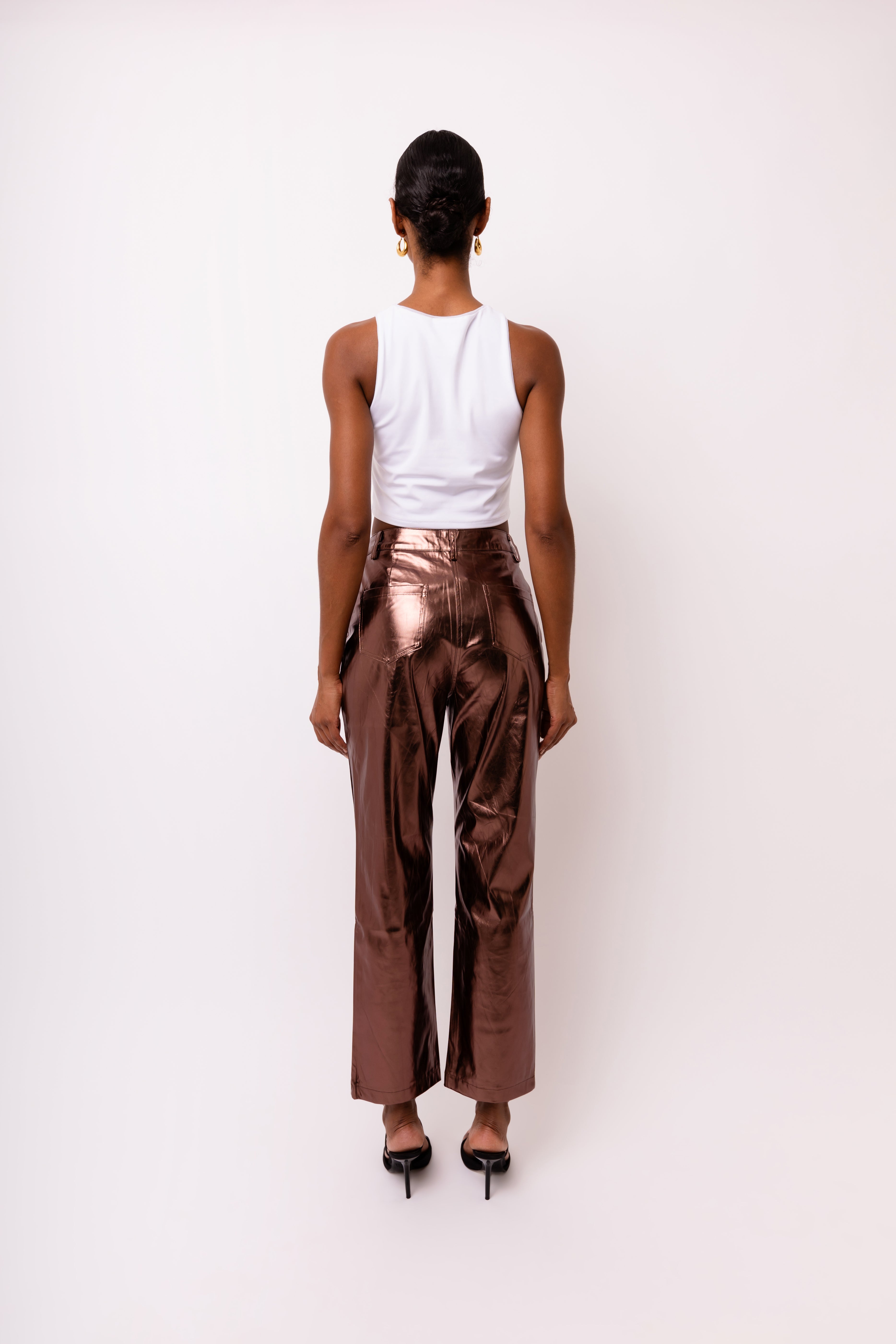 Lupe Mocha Brown Metallic Straight Leg High Rise Vegan Leather Trousers | AmyLynn