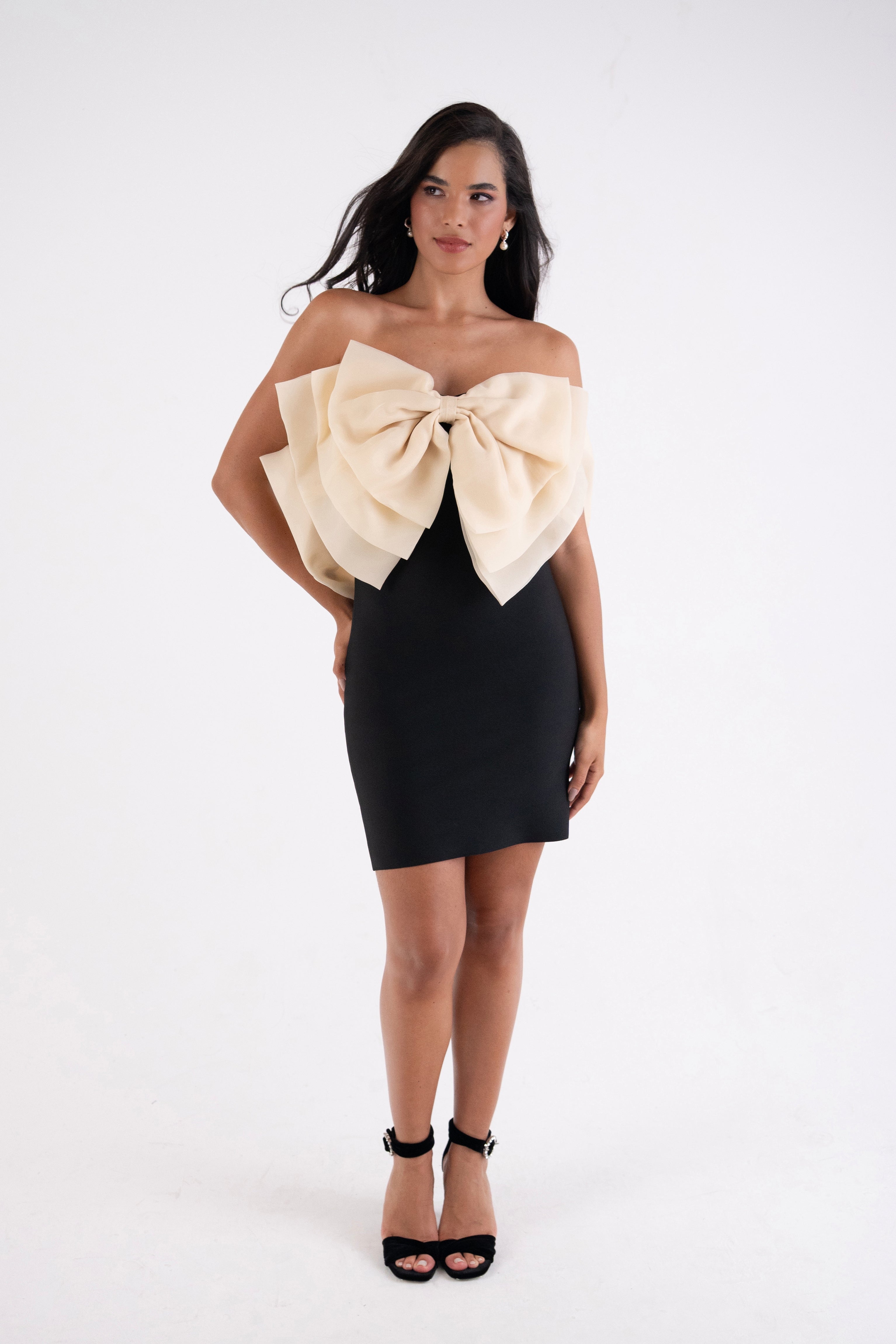 Oscar Black Bandage Organza Bow Mini Dress