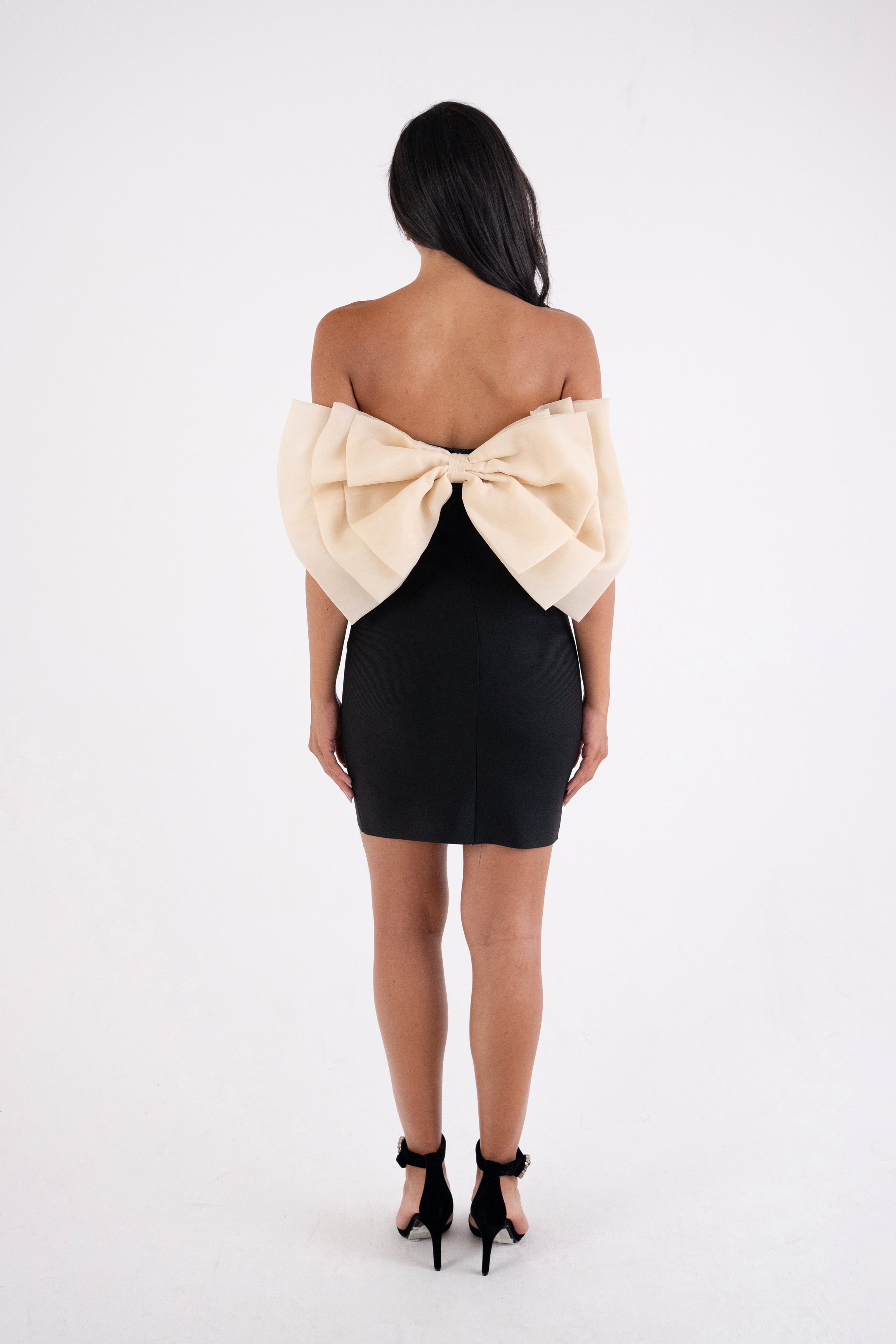 Oscar Black Bandage Organza Bow Mini Dress