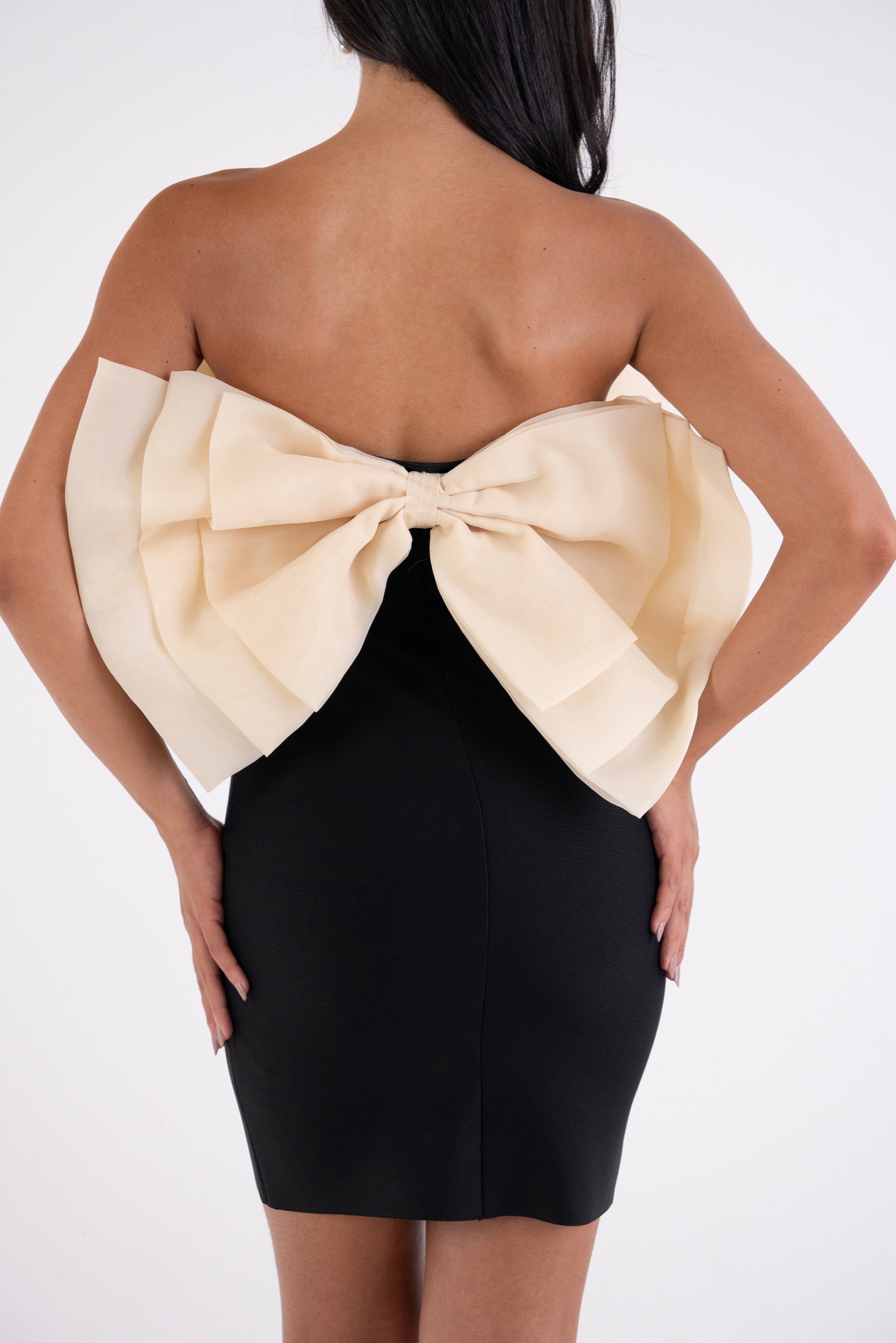 Oscar Black Bandage Organza Bow Mini Dress