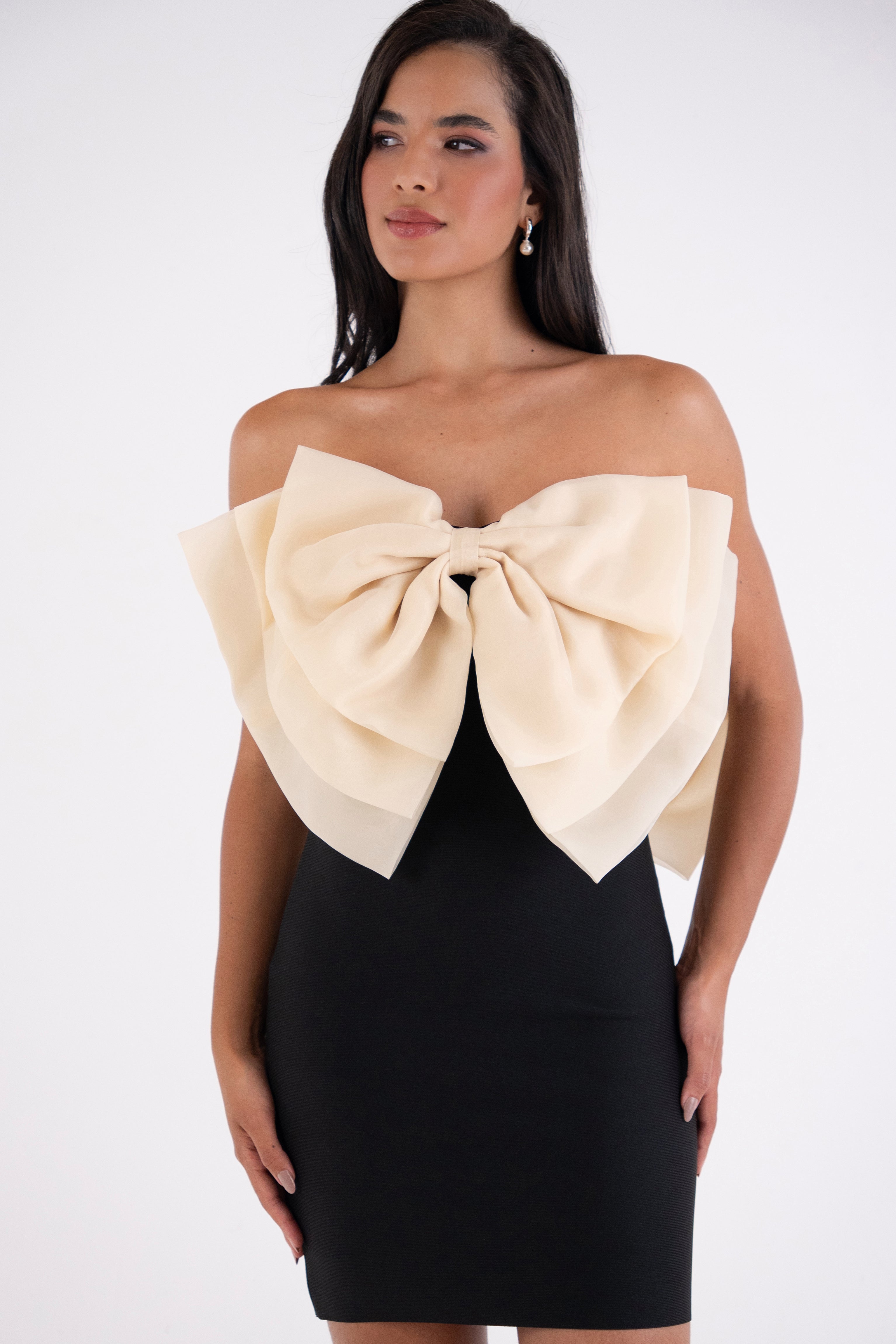 Oscar Black Bandage Organza Bow Mini Dress