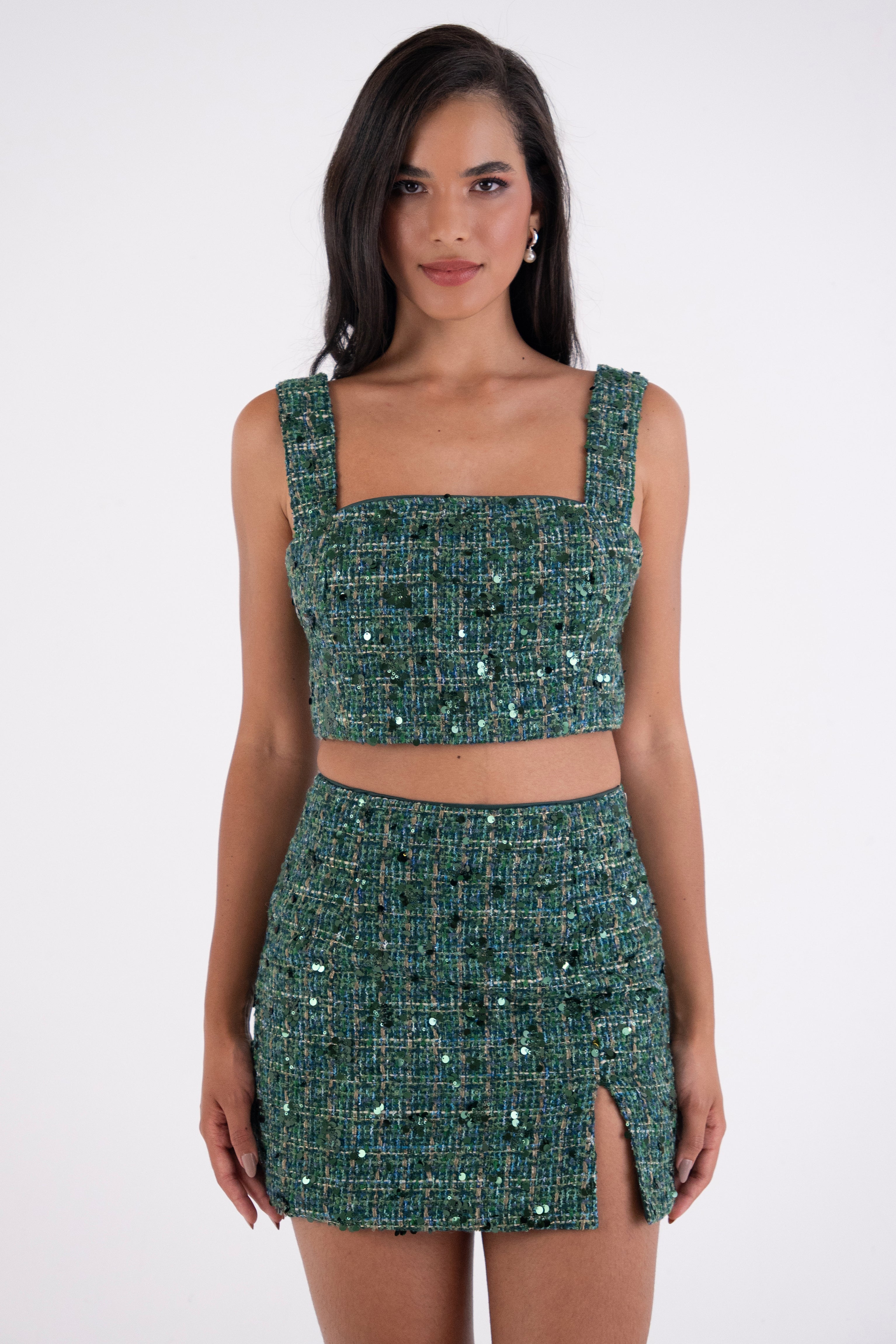 Tina Teal Sequin Boucle Mini Skirt