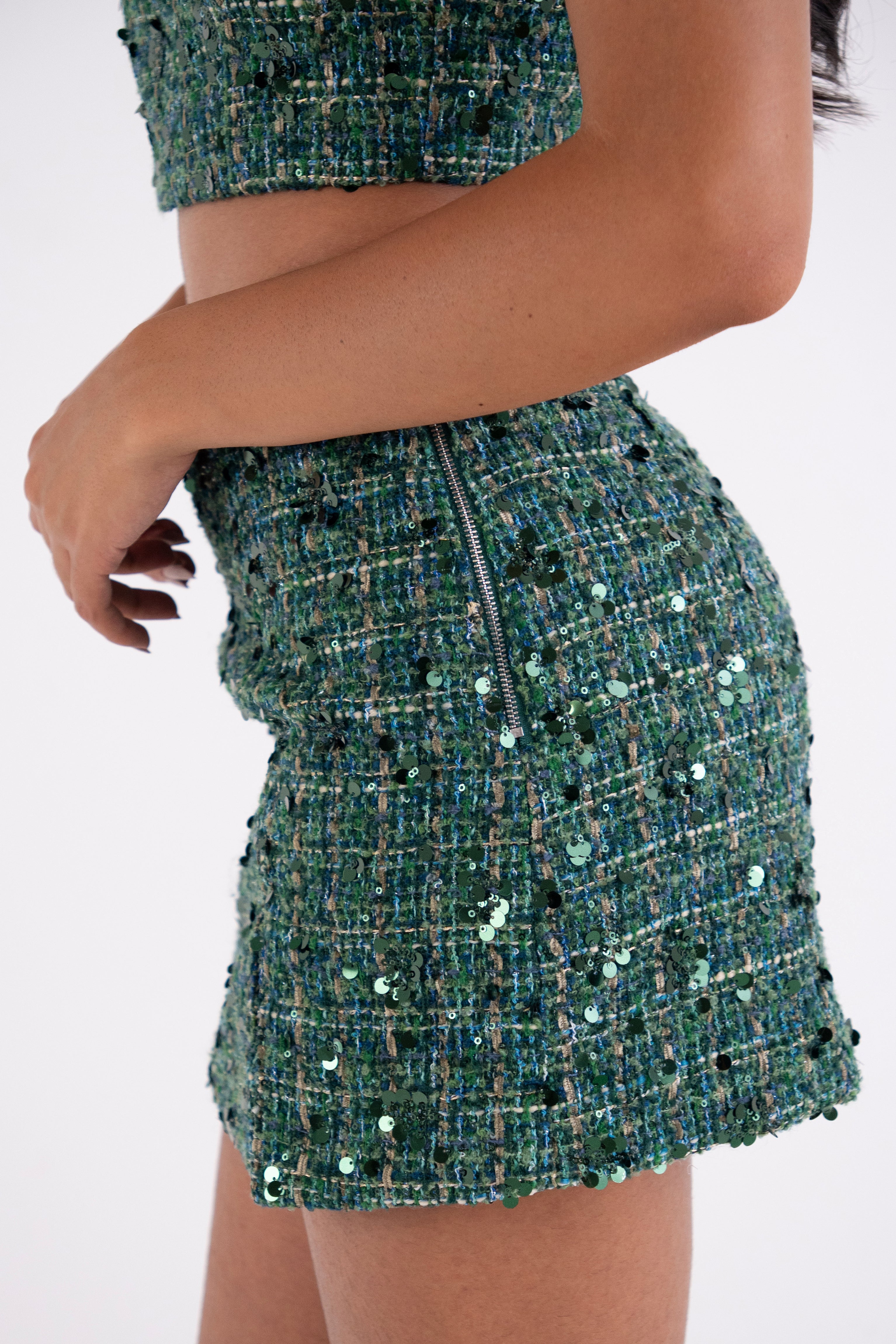 Tina Teal Sequin Boucle Mini Skirt