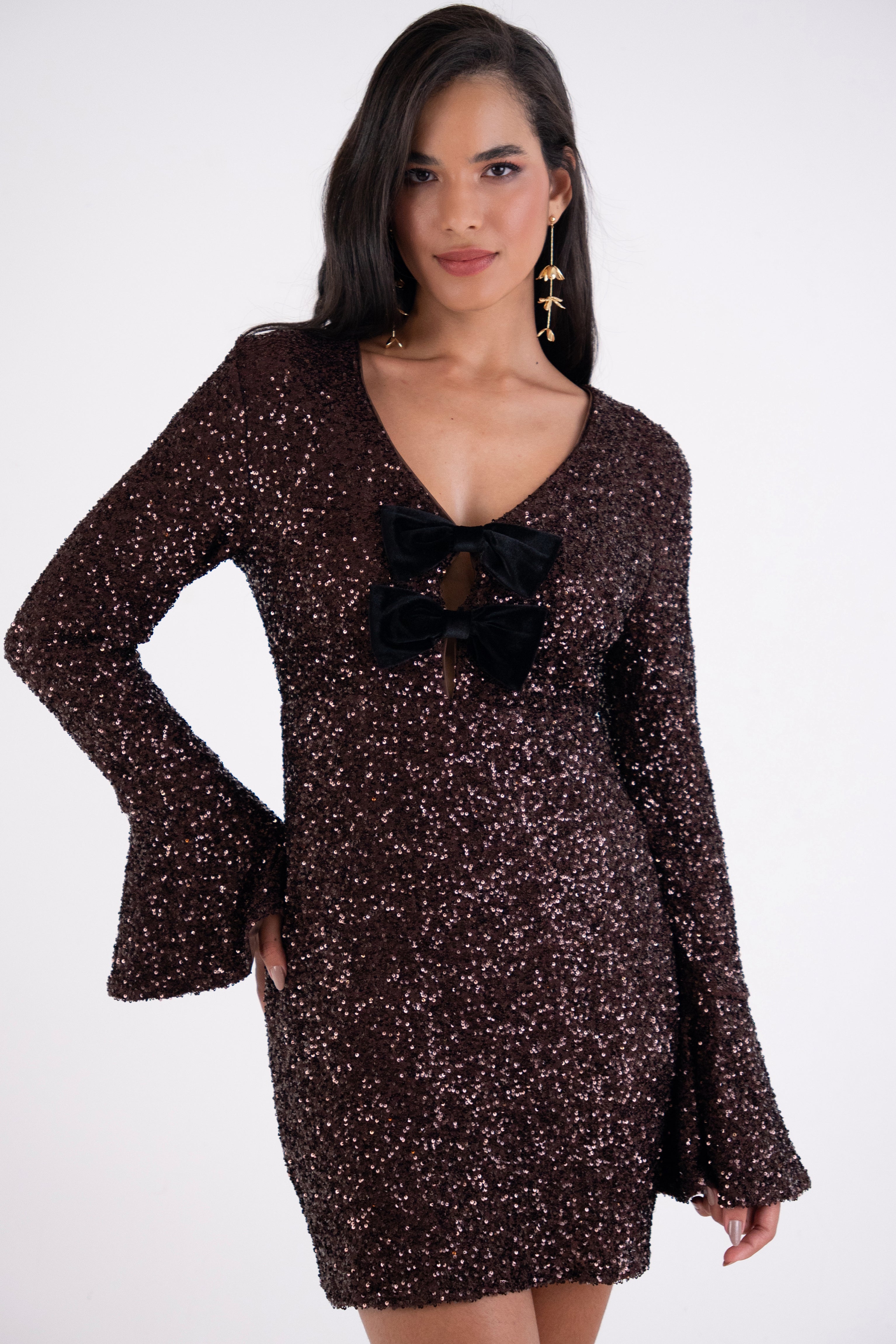 Diana Premium Brown Sequin Dress with Bow Tie